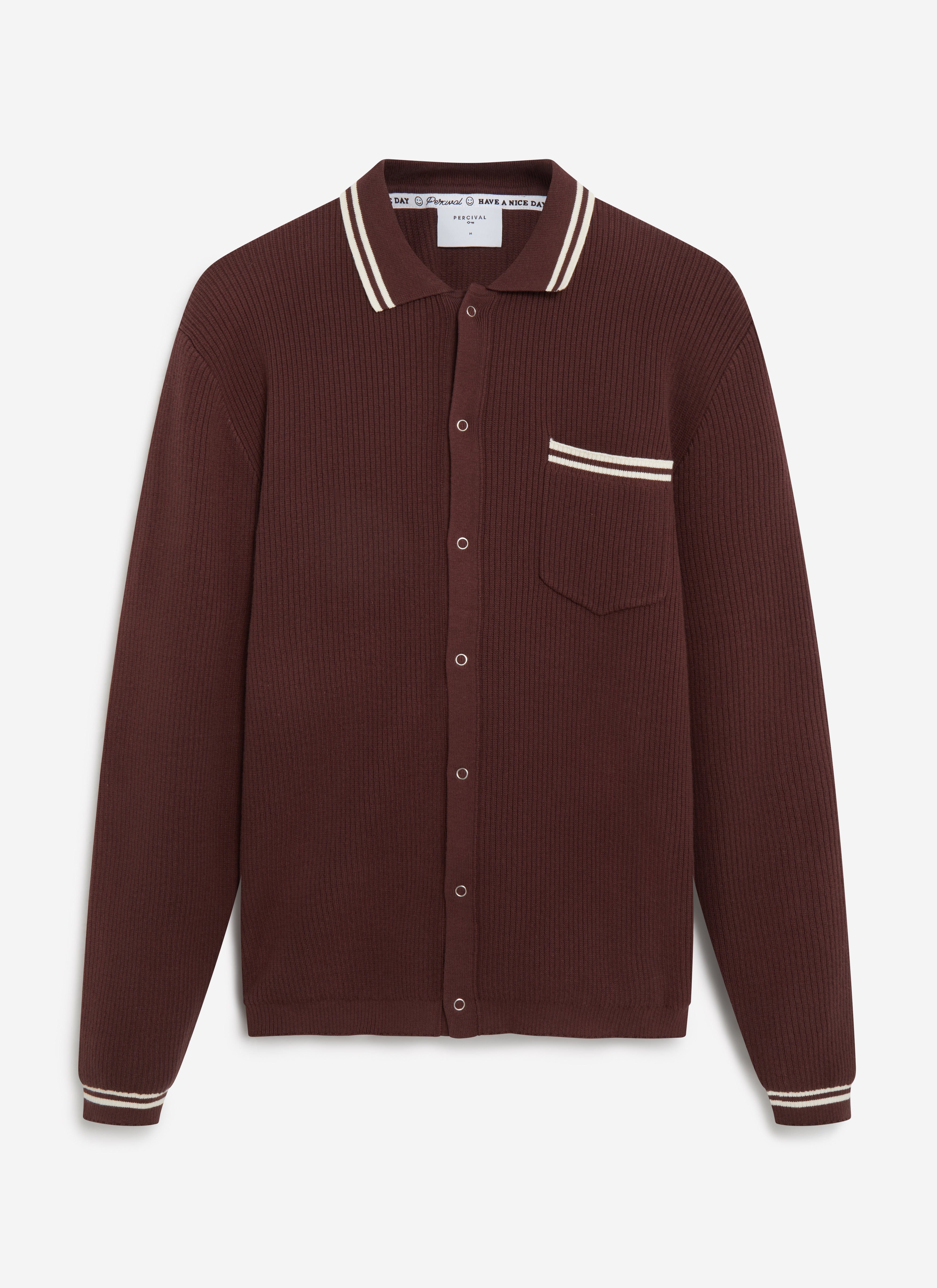 A flat lay of the Percival Pablo long sleeve knit shirt in espresso with white striped details on collar, cuffs and pocket.