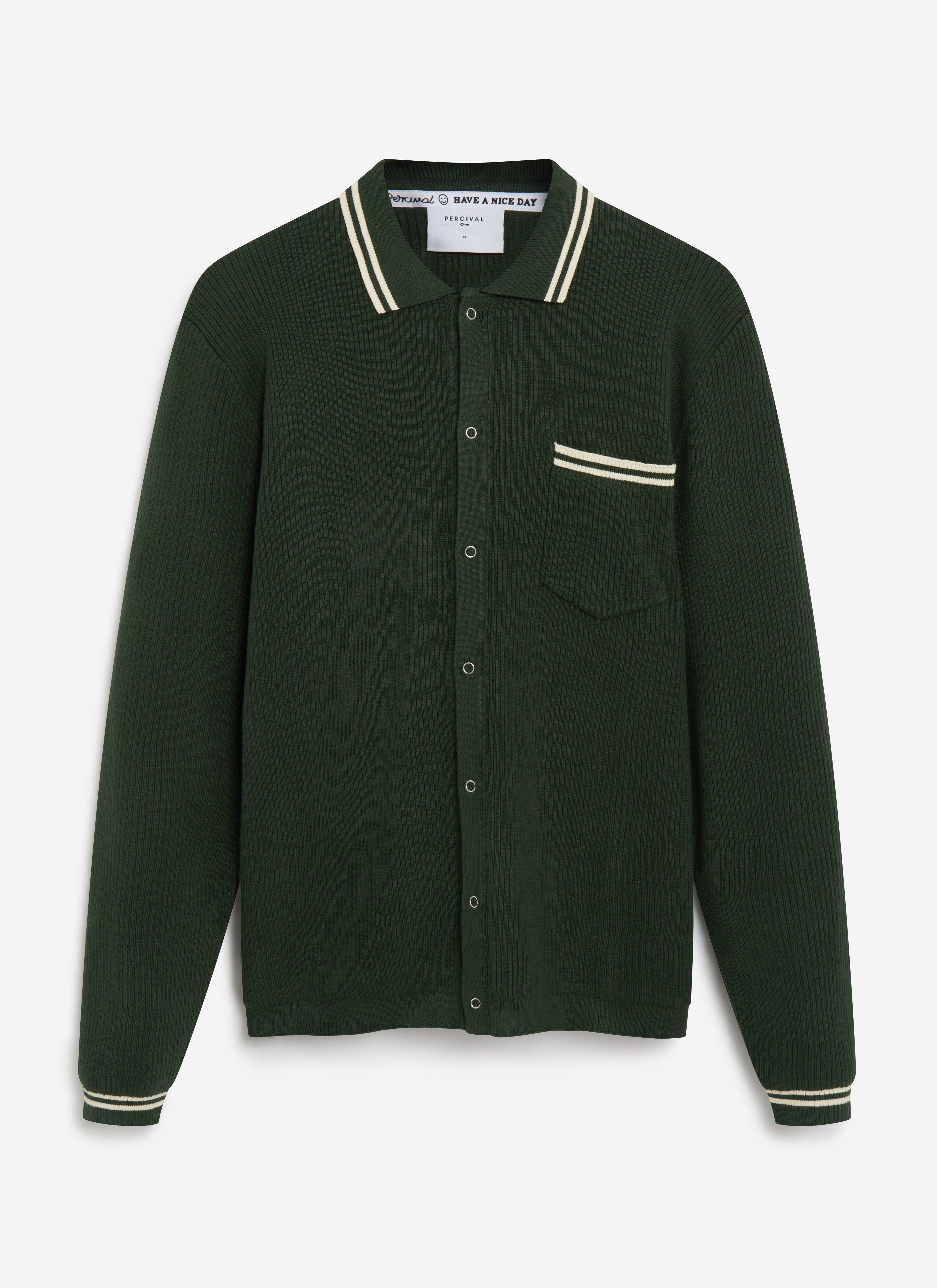 The Percival Pablo long sleeve knitted shirt in forest green, with cream tipping on the collar, pocket and cuffs.