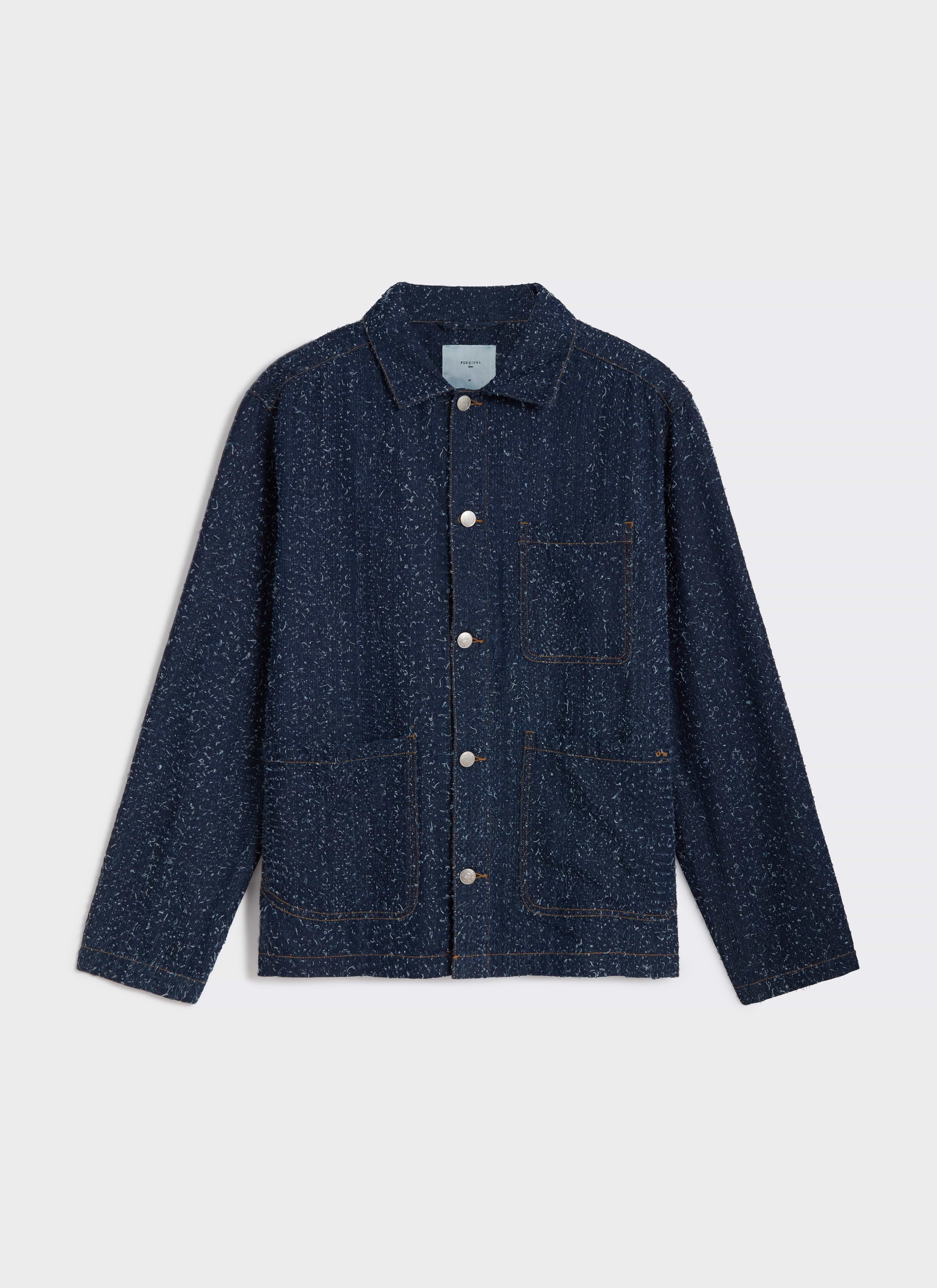 Front view of the Percival Parsons Chore Jacket in navy blue textured nep cotton with contrast stitching.