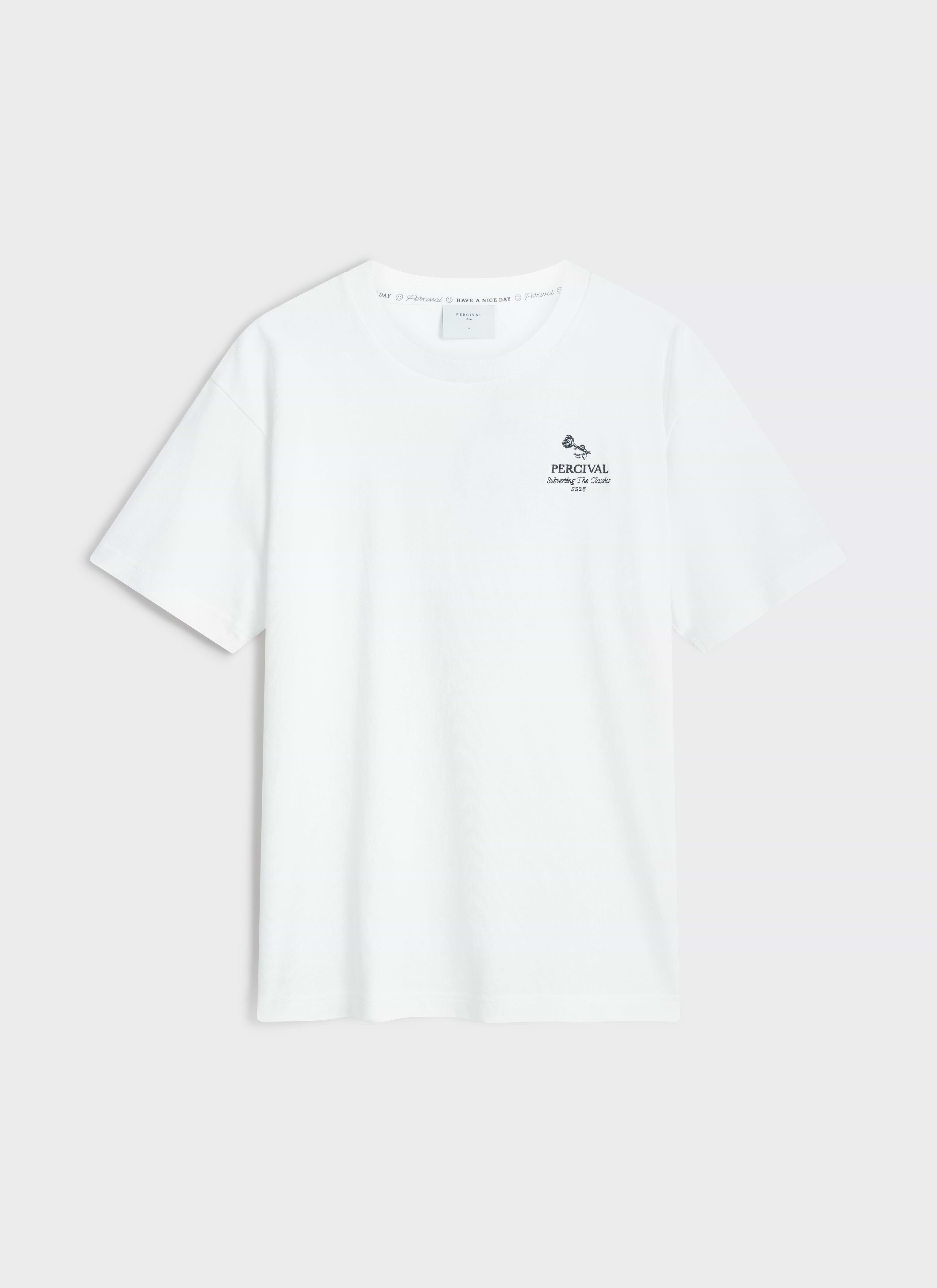 Front view of the Percival Perci Waters Oversized T-Shirt in white organic cotton, showing the kingfisher chest graphic.