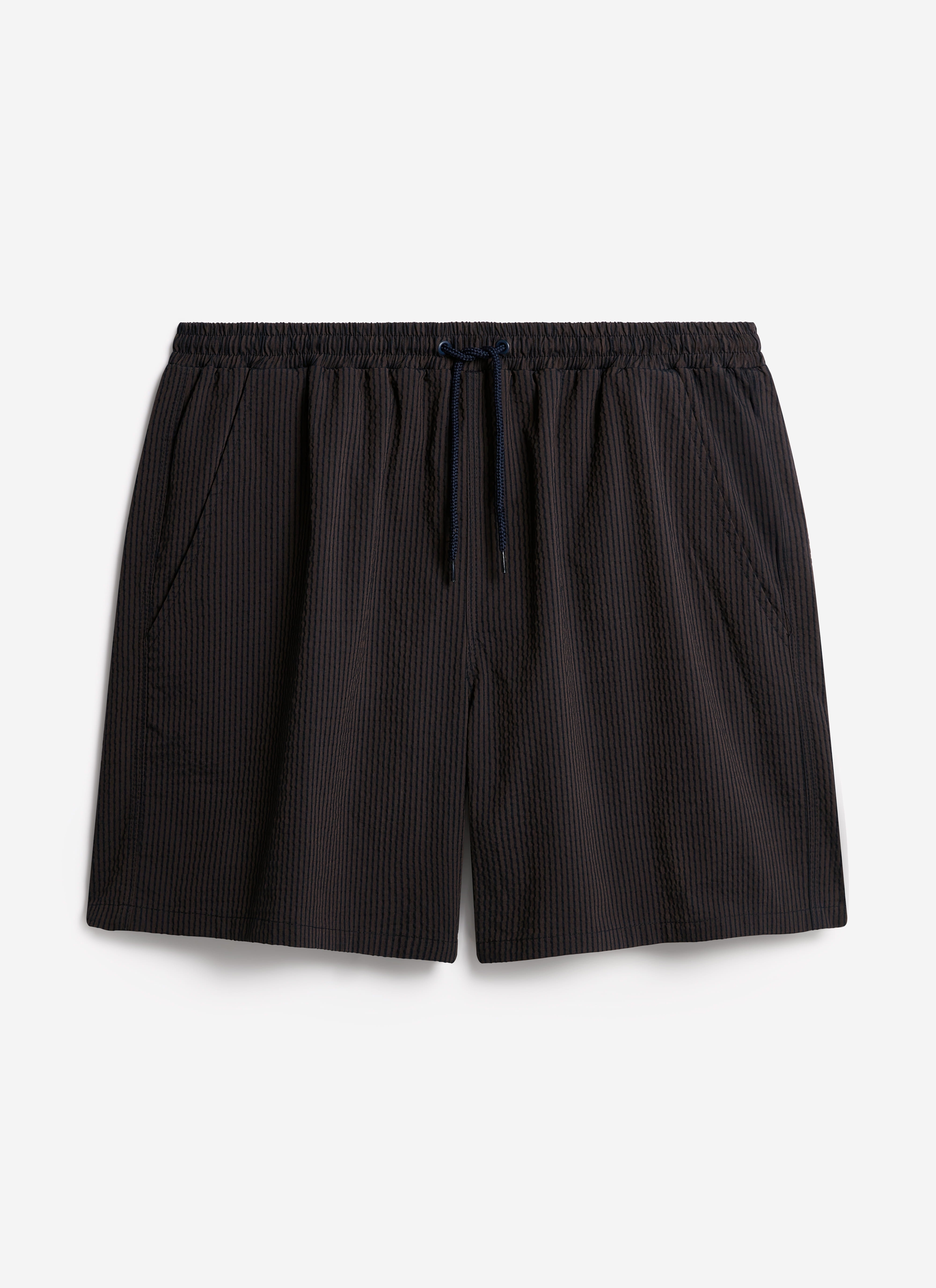 Percival Rowan Seersucker Swim Shorts in navy stripe, made from a textured cotton-blend with an elasticated drawcord.