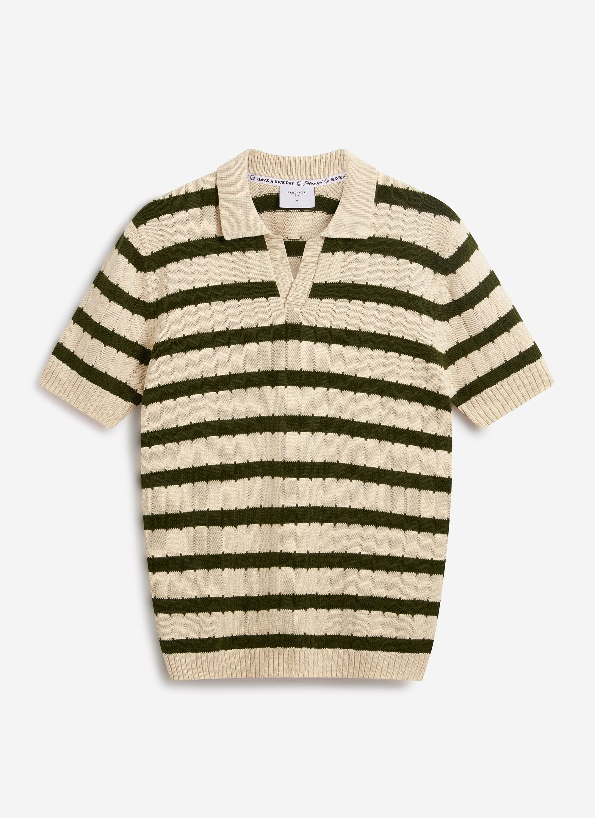 A front view of the Percival Stine Knitted Polo in ecru, a textured cotton knit with bold dark green horizontal stripes.