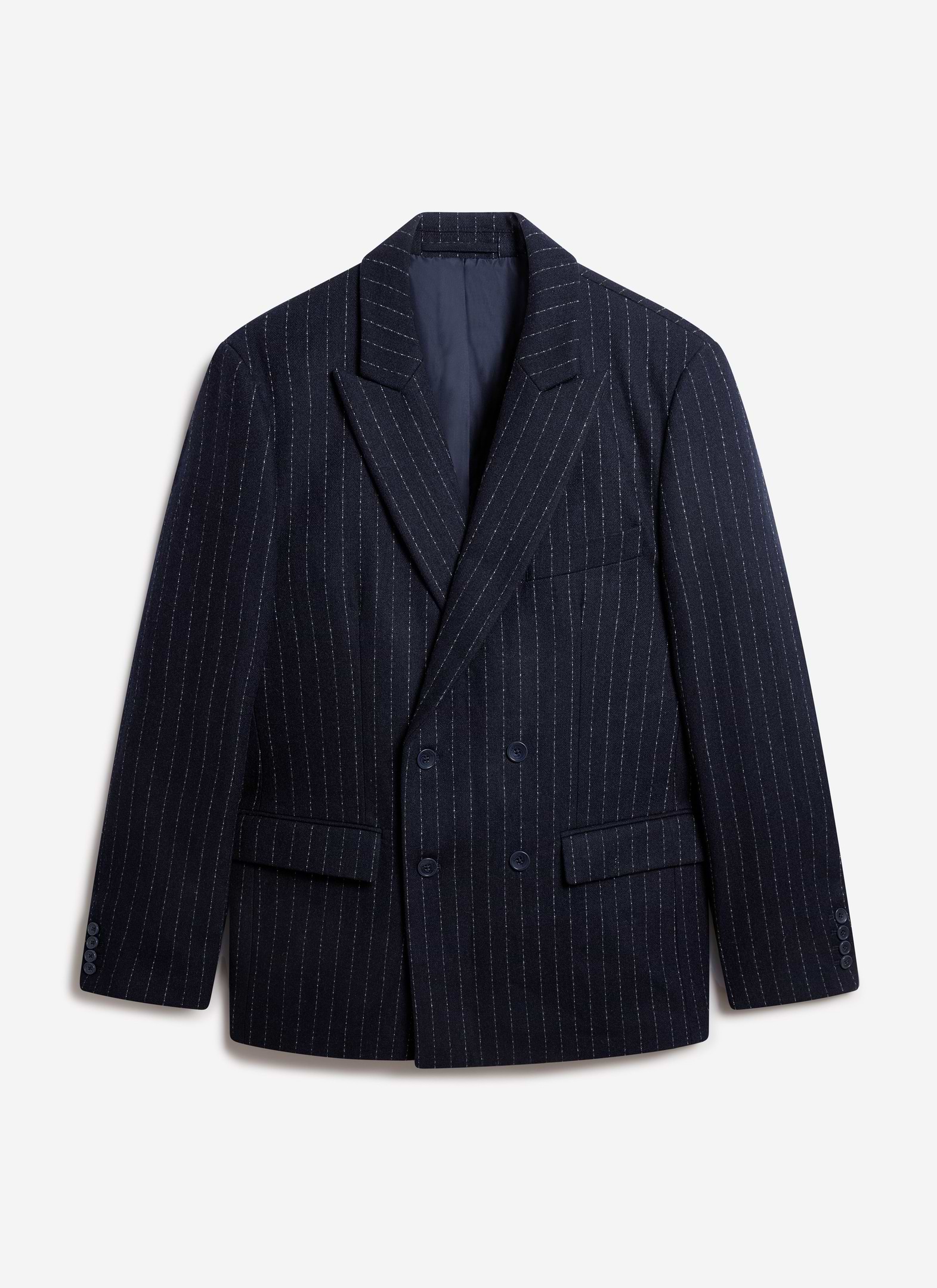 A studio shot of the Percival Textured Stripe Double Breasted Blazer in navy, laid flat against a white background.