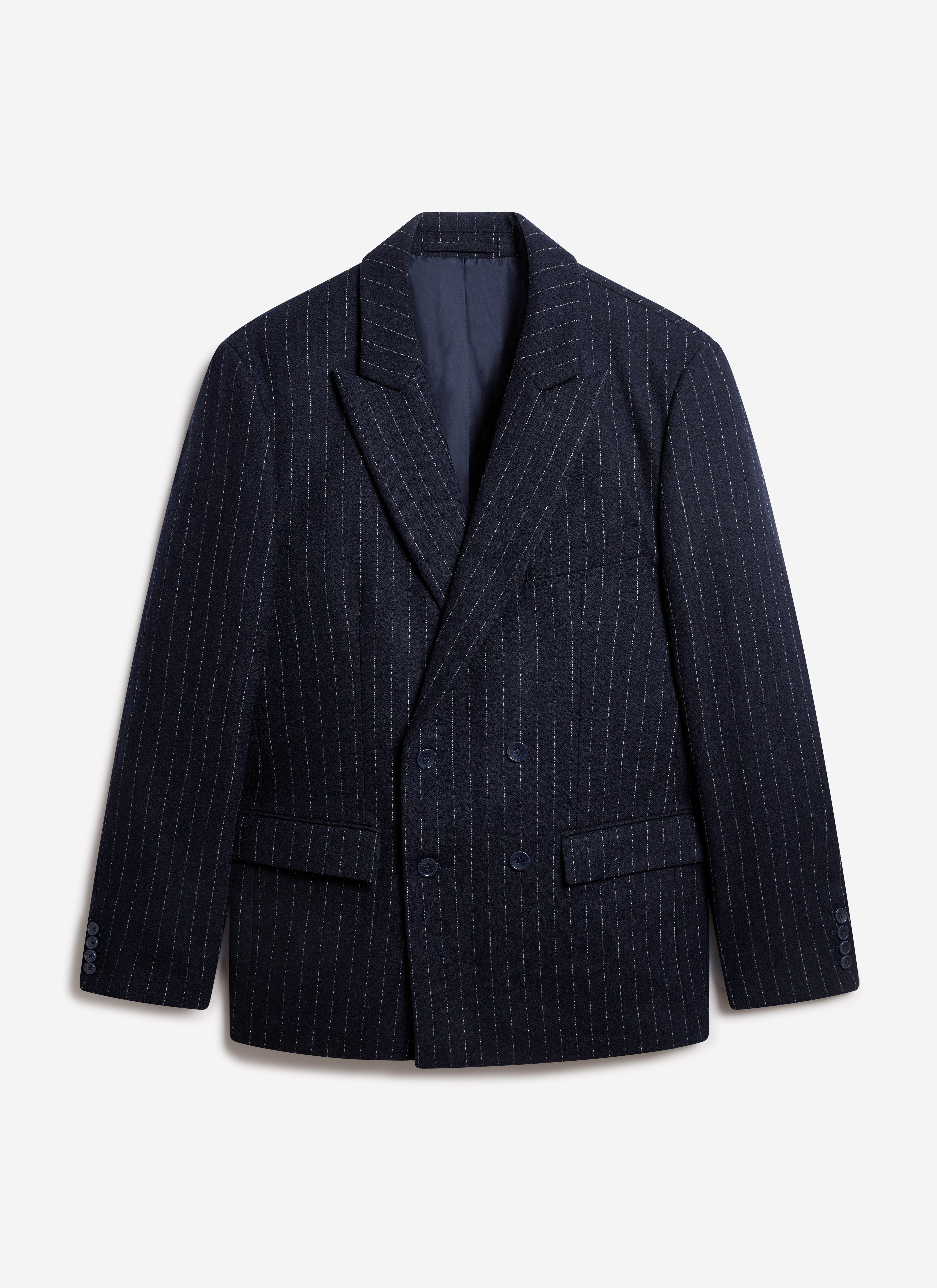 A studio shot of the Percival Textured Stripe Double Breasted Blazer in navy, laid flat against a white background.