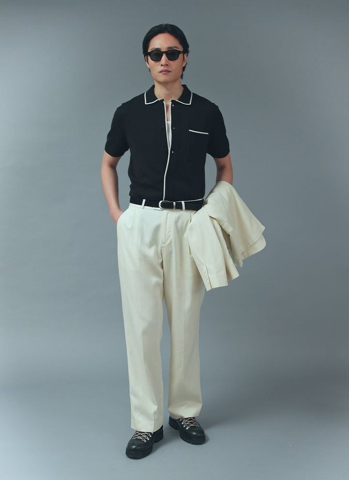 Contrast Trim Regular Knitted Shirt | Wool | Black