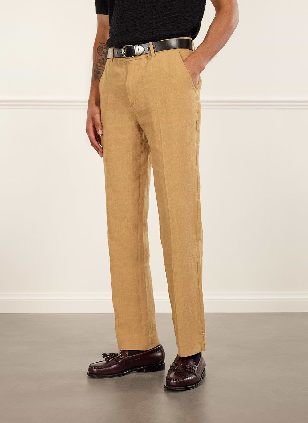 Khaki linen trousers mens discount