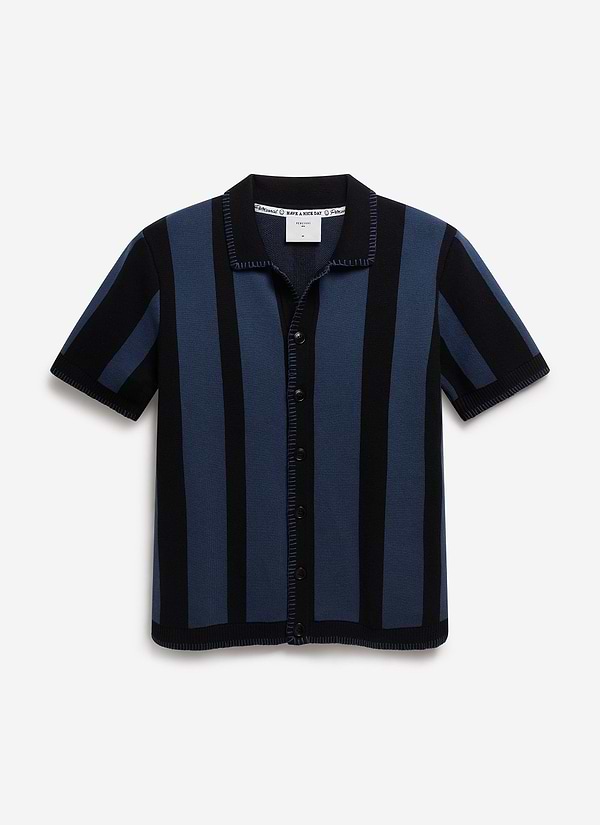 Knitted Stripe Cuban Shirt | Navy