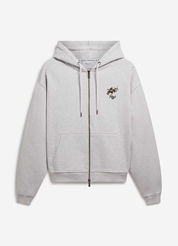 Olive Zip Through Hoodie | Embroidered Organic Cotton | Athletic Grey