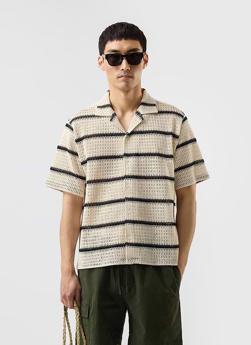Crochet Groundsman Cuban Shirt | Ecru with Black