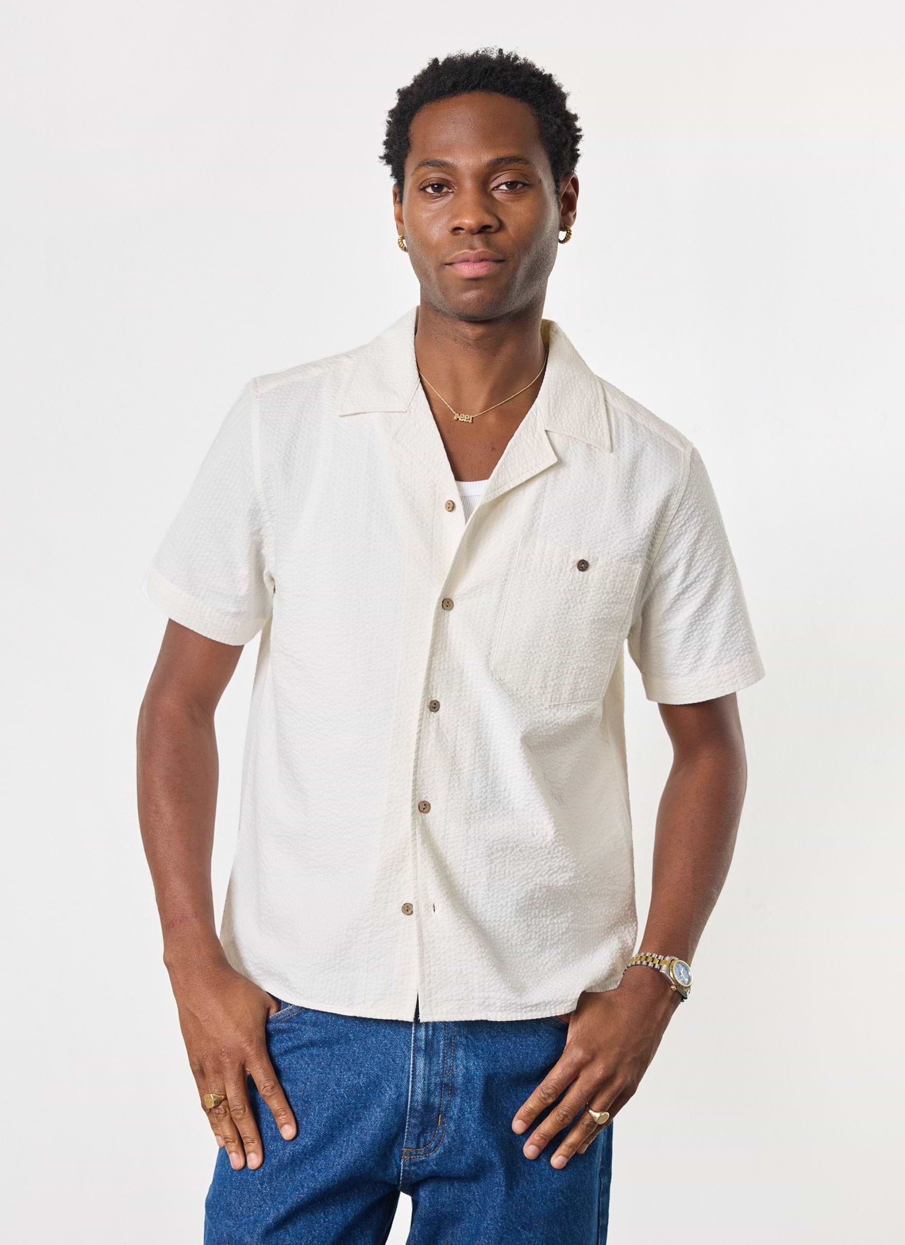 Men's Cuban Collar Short Sleeve Shirt | Seersucker | Ecru Cream