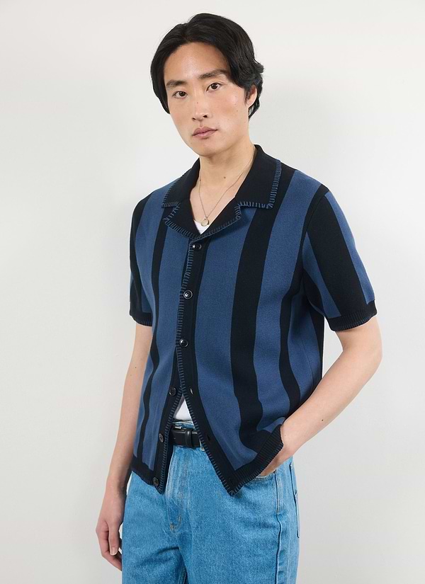 Knitted Stripe Cuban Shirt | Navy