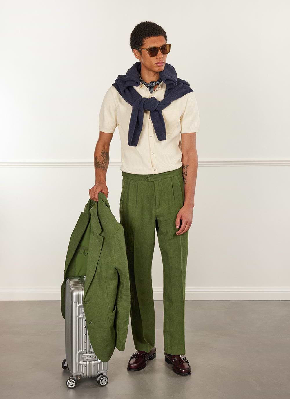Green pleated trousers hotsell