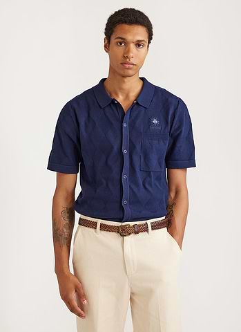 Intarsia Diamond Shirt | Knitted Cotton | Navy