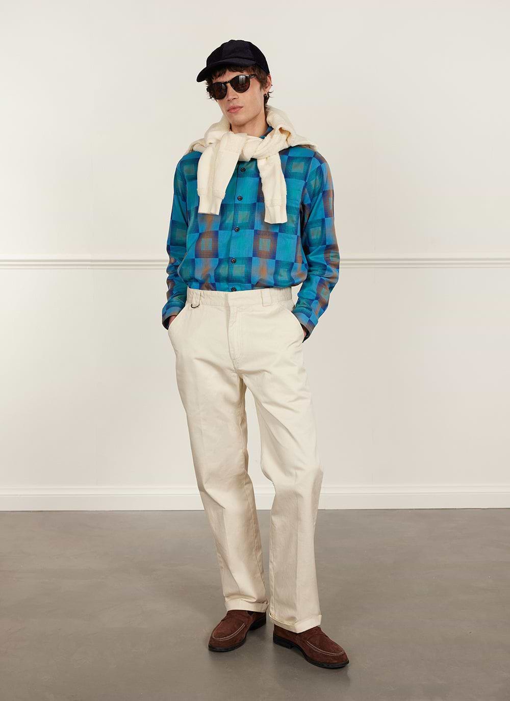 品質が Organic | Shirt Check Sleeve Long Men's Cotton Multi Blue | トップス