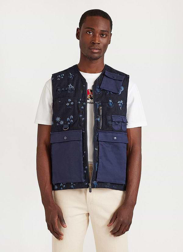 Cord たもて Embroidery Vest - navy