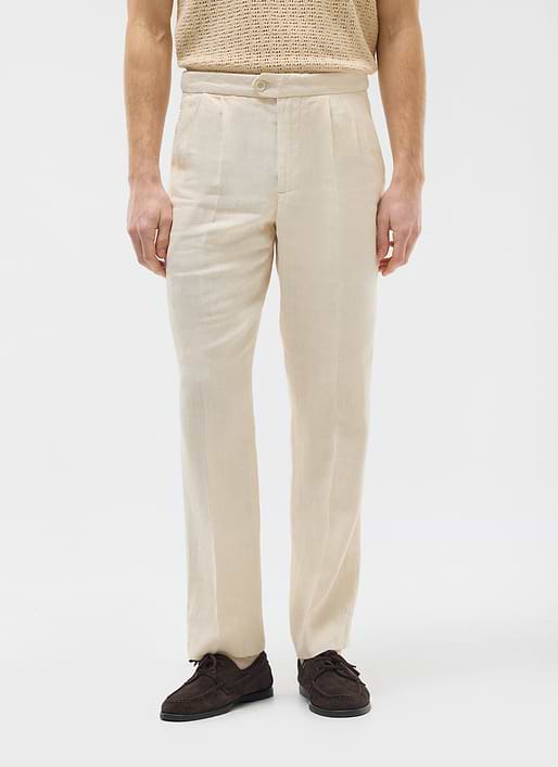 Men's Pleated Linen Trousers Tailored White - Main Image