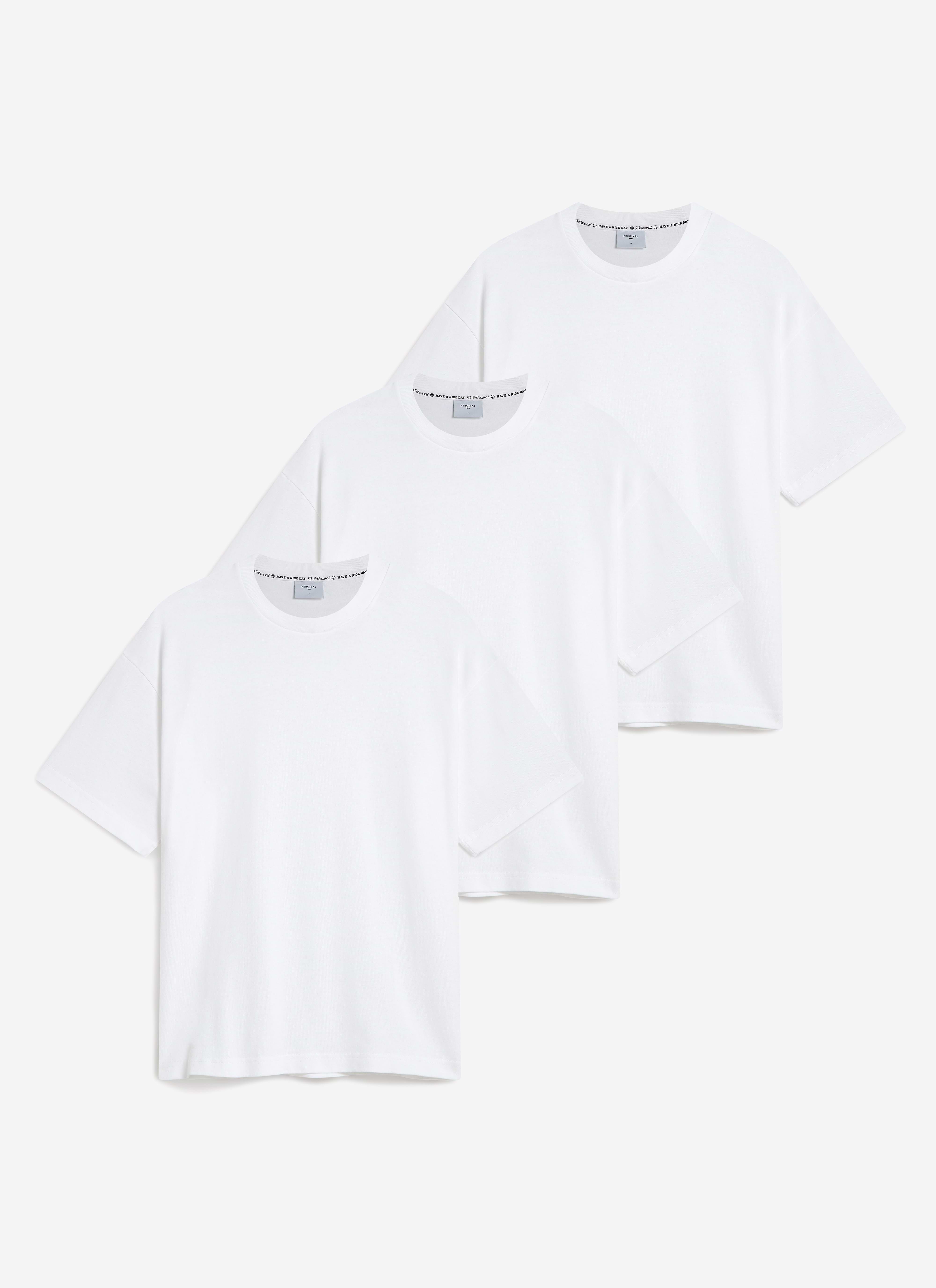 A 3 pack of Percival white oversized t-shirts in organic cotton, featuring a boxy fit and ribbed crew neck.