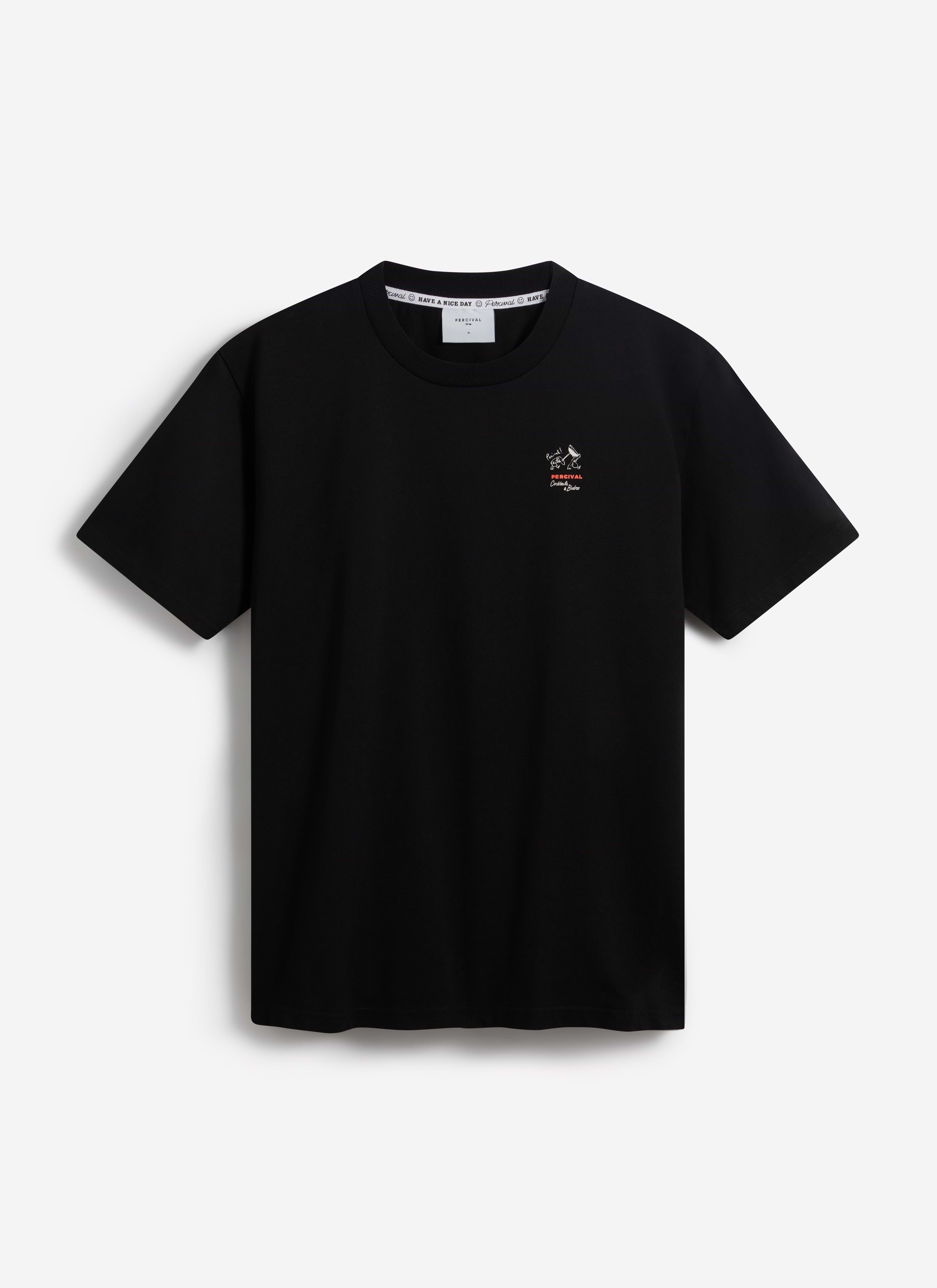 Percival À La Carte T Shirt in black organic cotton, shown flat against a white background to highlight the chest graphic.