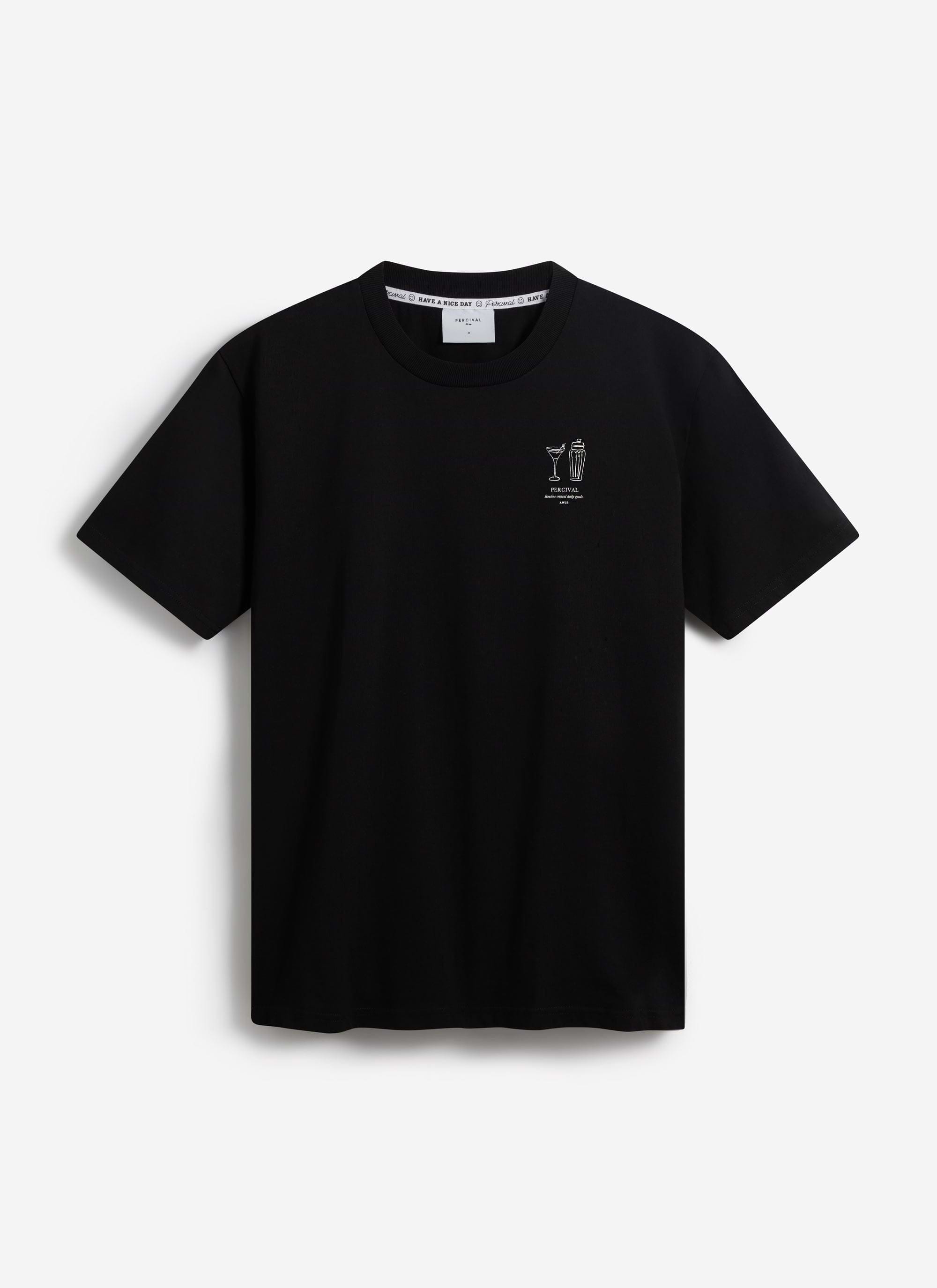 The Percival Mixologist t-shirt in black organic cotton, laid flat to show the front view and chest graphic.