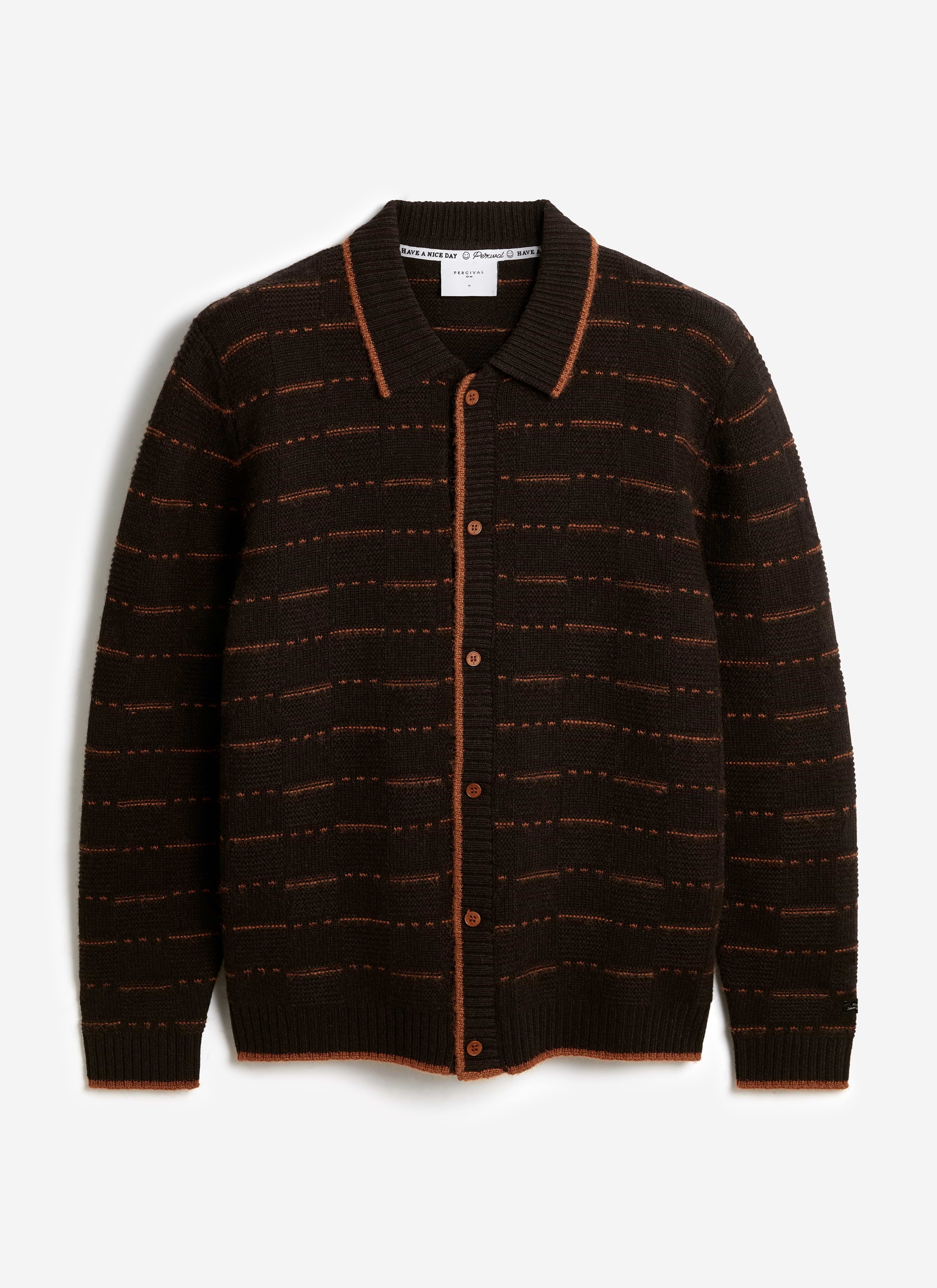 Brown wool Addison knitted shirt by Percival featuring horizontal rust-coloured stripes and a button-down front.