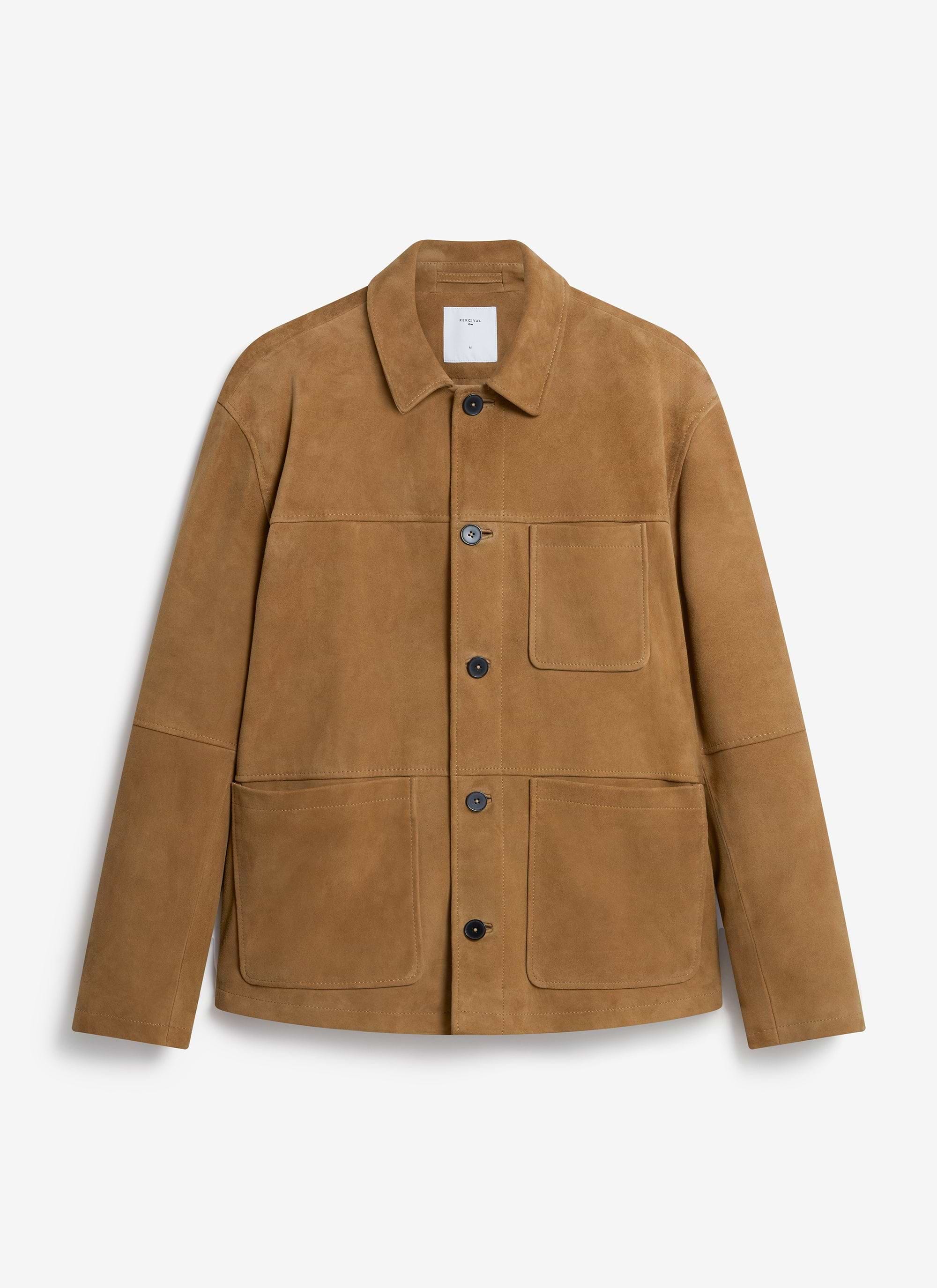 The Percival Afterward Suede Chore Jacket in tan, photographed flat against a simple white background.