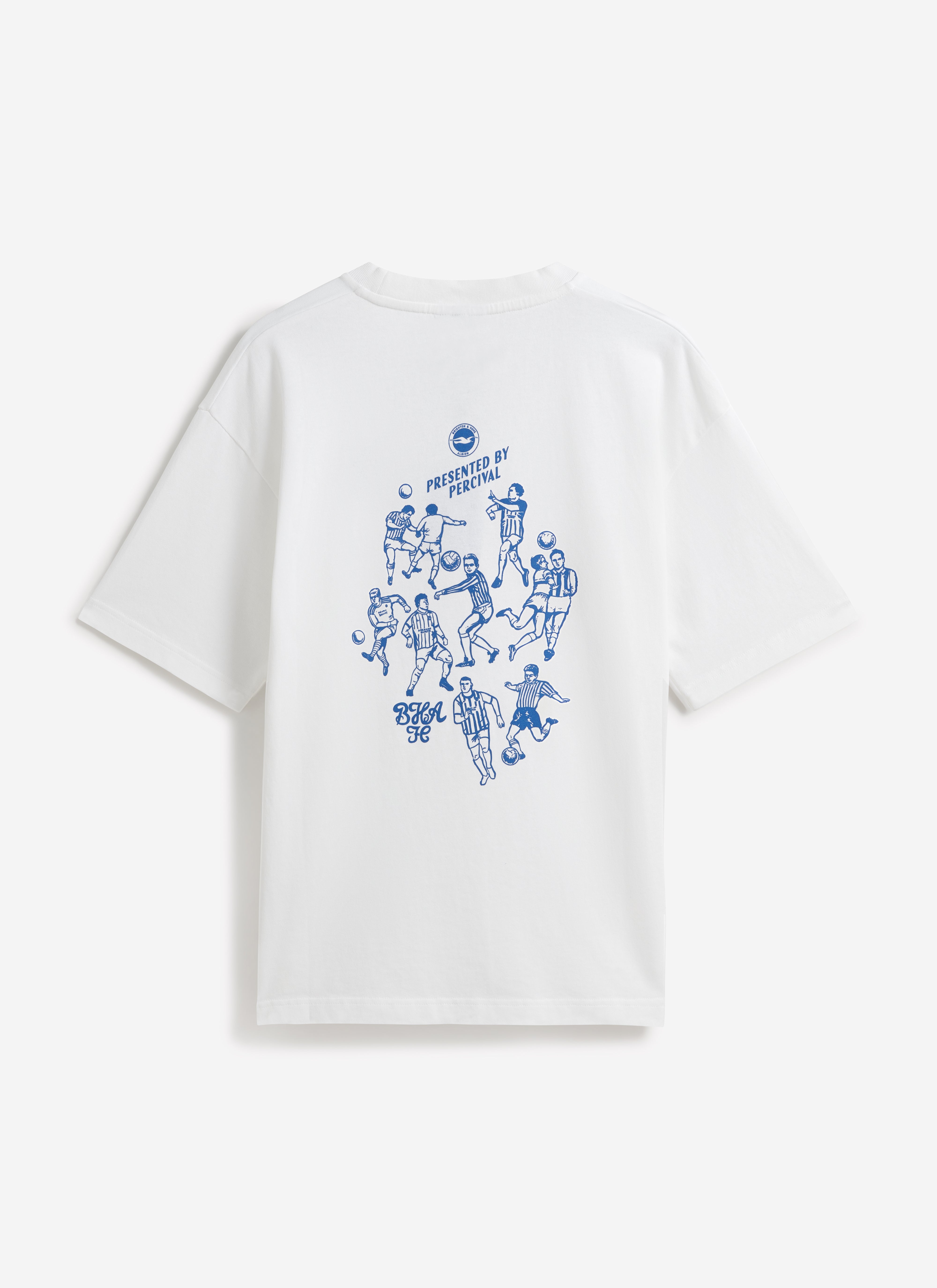 The back of the white Percival x Brighton & Hove Albion F.C. Archive Kits T Shirt showing the blue football player graphic.