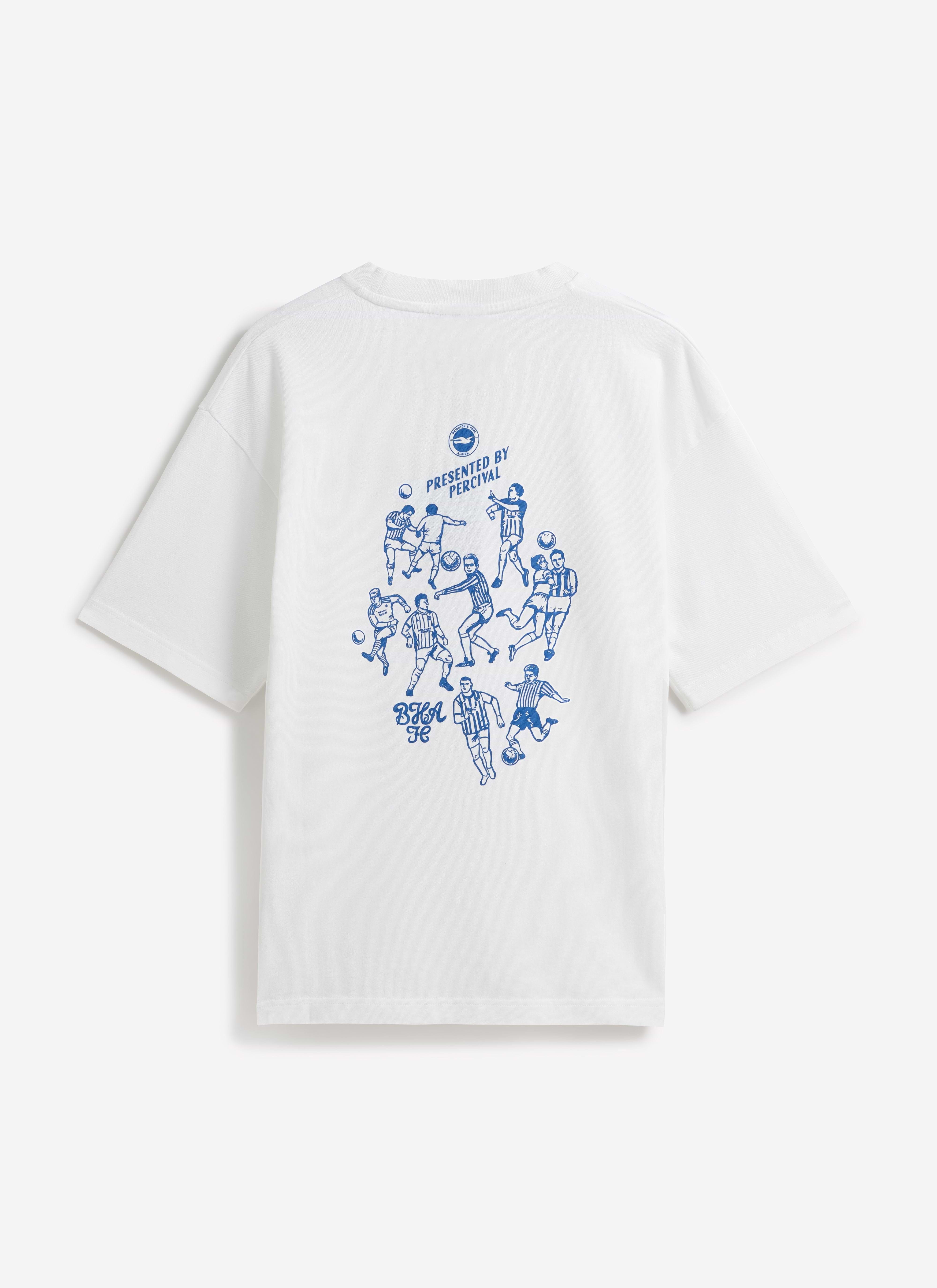 The back of the white Percival x Brighton & Hove Albion F.C. Archive Kits T Shirt showing the blue football player graphic.
