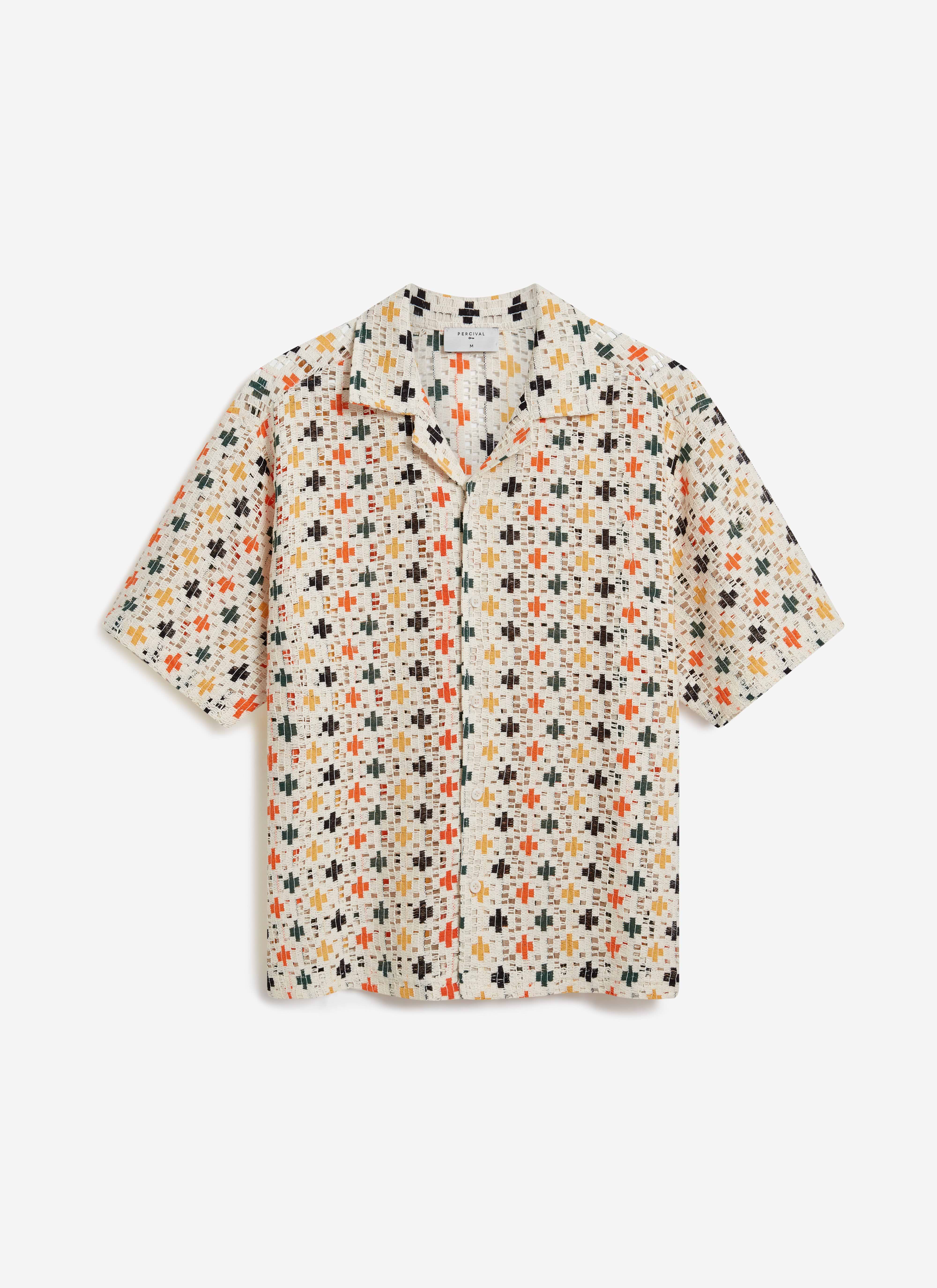 Percival Bailing Crochet Cuban Shirt in ecru, featuring a multi-coloured cross pattern, laid flat against a white background.