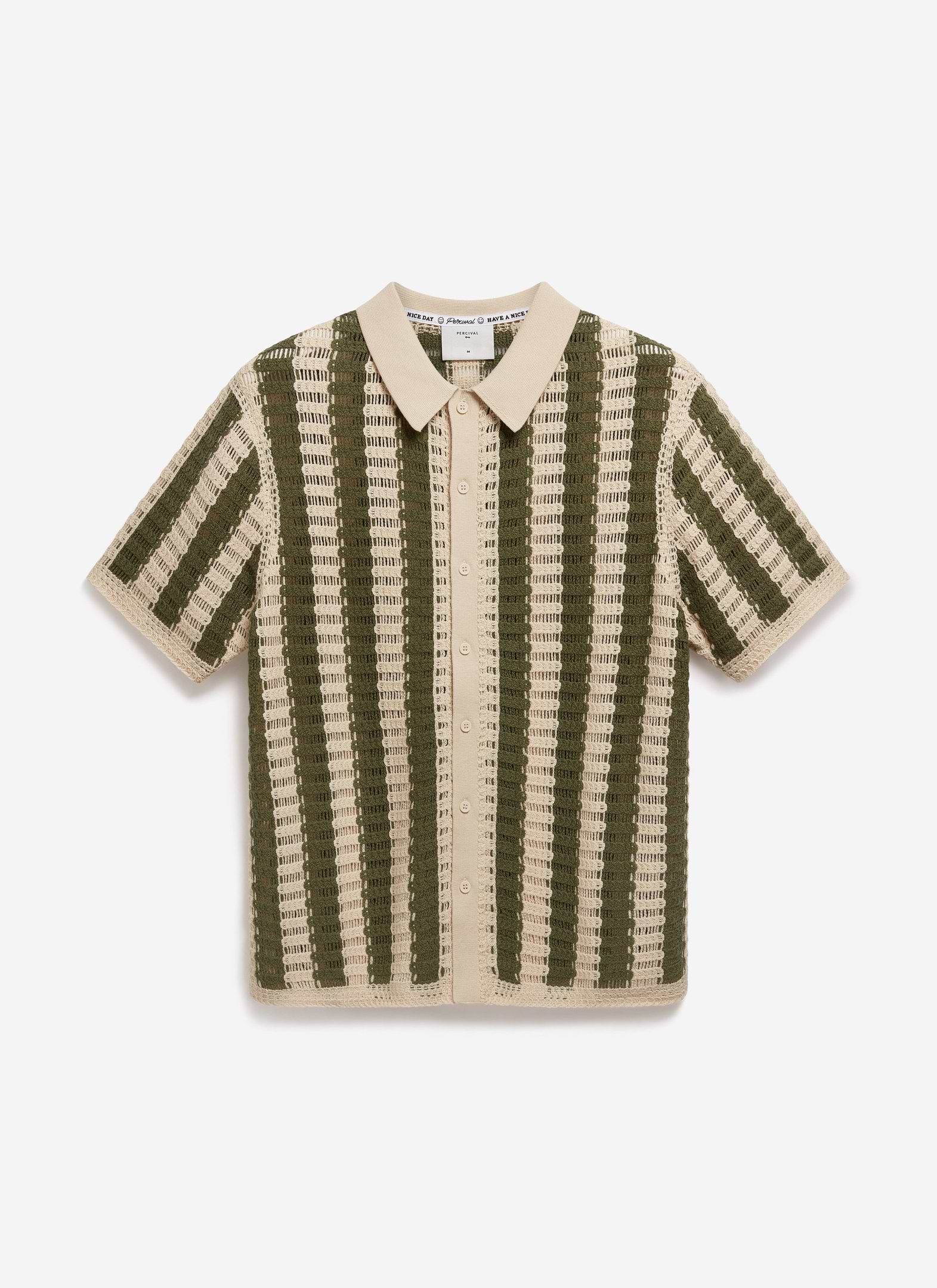 The Percival Barletta Knitted Shirt in olive, a cotton crochet shirt with vertical stripes, laid flat on a white background.