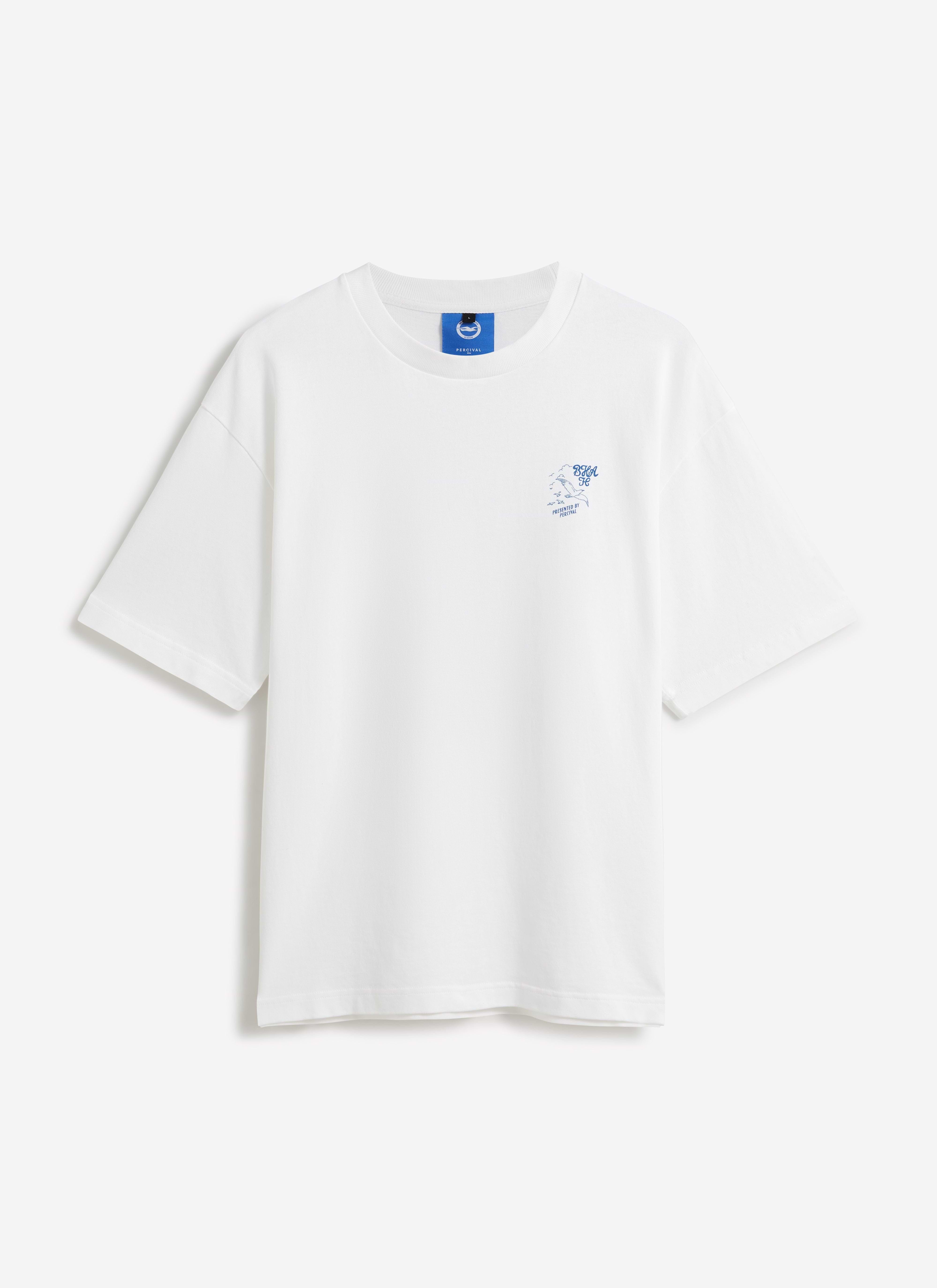 Front view of the white Brighton & Hove Albion F.C. x Percival Beach Front T-shirt, featuring a blue chest graphic.