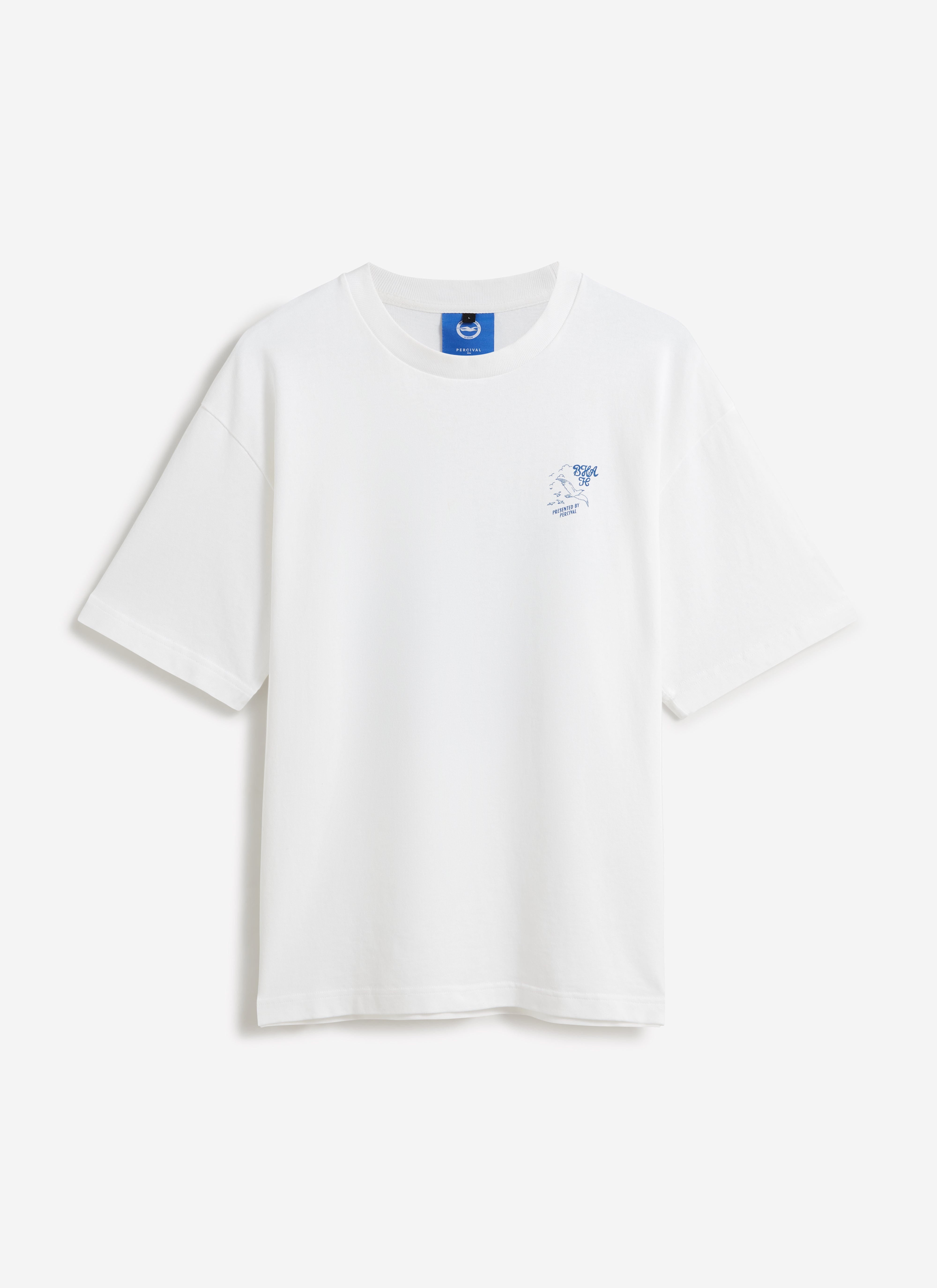 Front view of the white Brighton & Hove Albion F.C. x Percival Beach Front T-shirt, featuring a blue chest graphic.