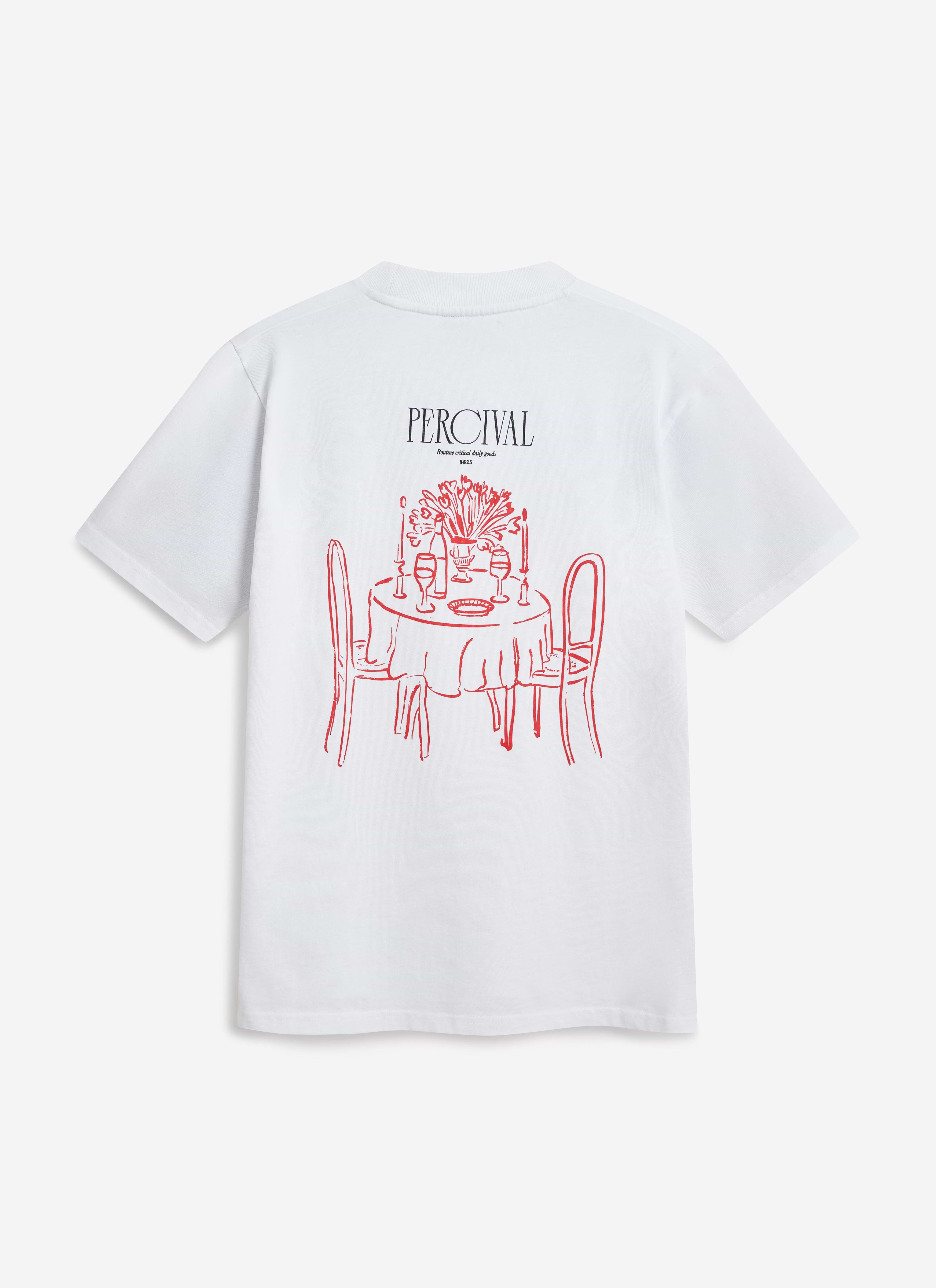 The back of the white organic cotton Bistro T-shirt by Percival, showing the red embroidered bistro table illustration.