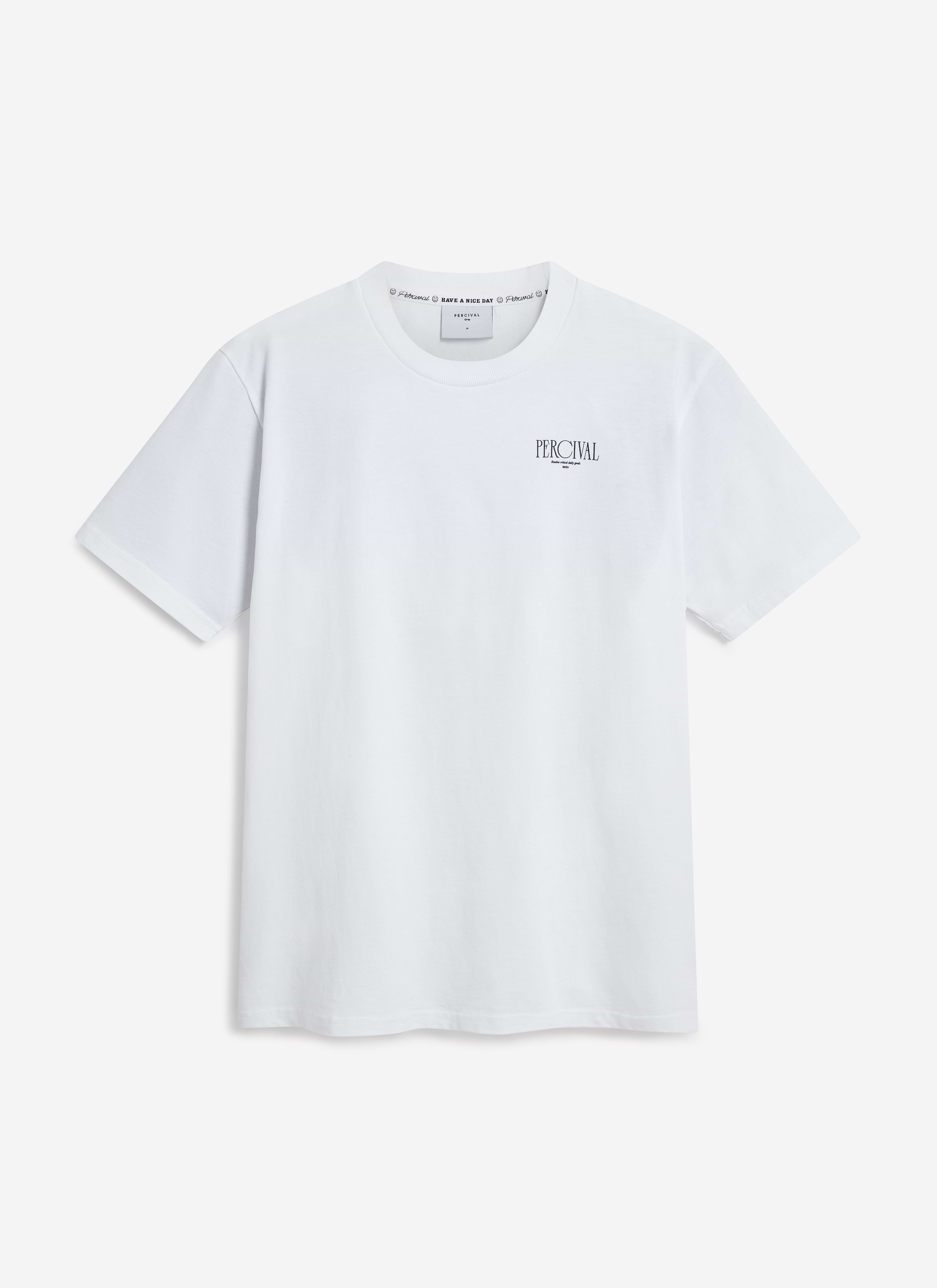 The Percival Bistro T-shirt in white organic cotton, laid flat to display the embroidered logo on the chest.