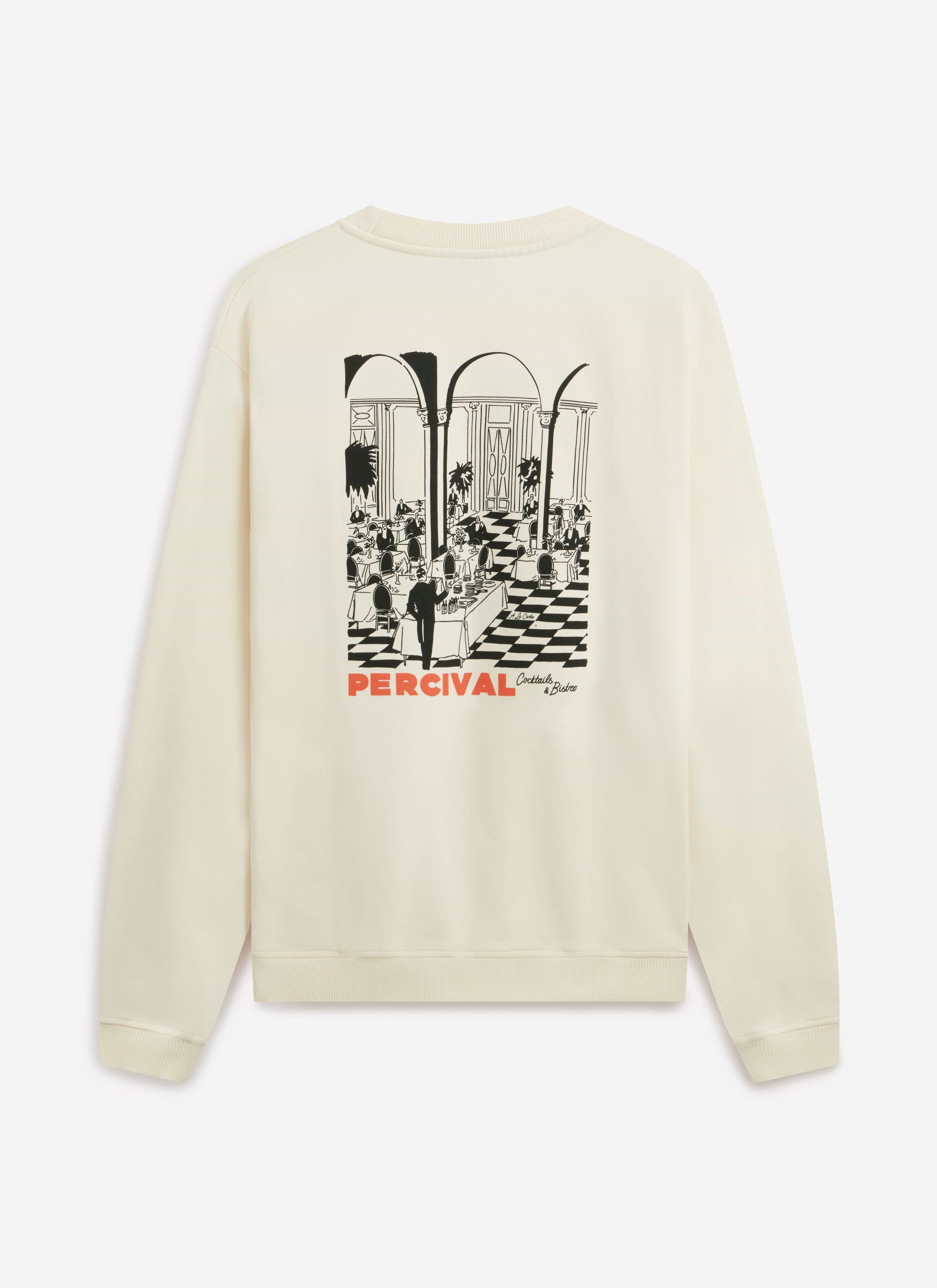 The back of the ecru Percival Bistro sweatshirt, featuring a large, hand-drawn print of a restaurant scene.