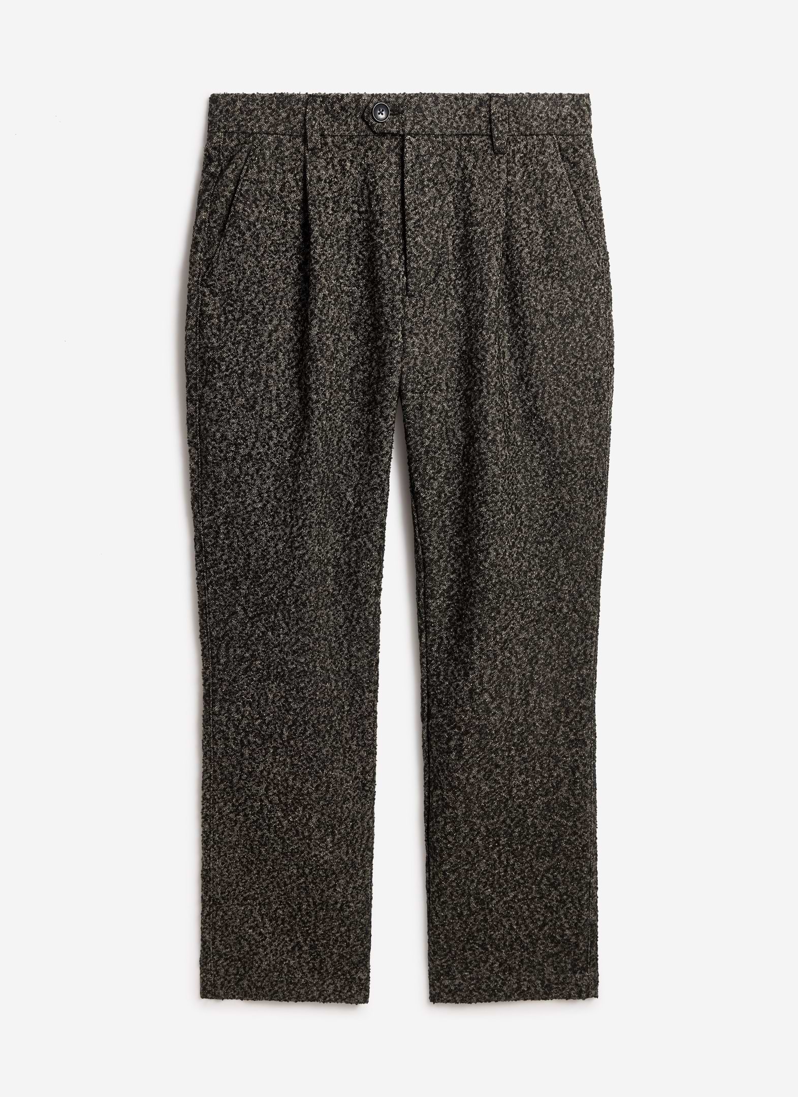 A flat lay of the Percival Blyton Trousers in a grey nep wool, showcasing the pleated front and textured fabric.
