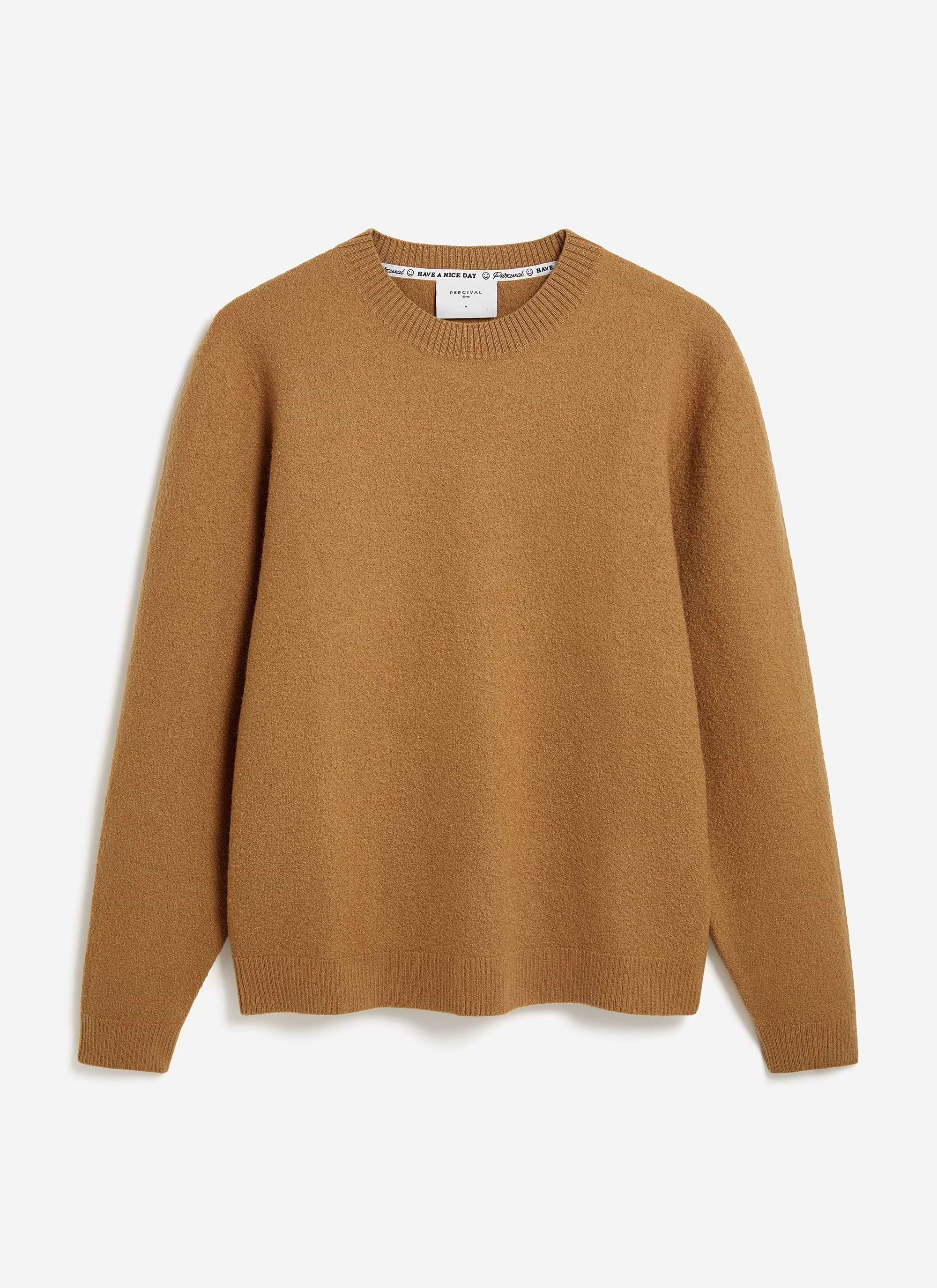A flat lay photograph of the men's brown Felted Wool Jumper by Percival, showing its soft, textured knit.