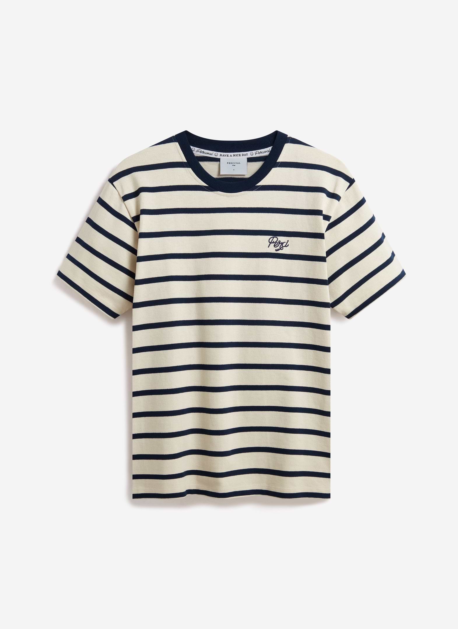 The Percival Breton Stripe T-shirt in organic cotton, laid flat to show the ecru and navy stripes and chest embroidery.