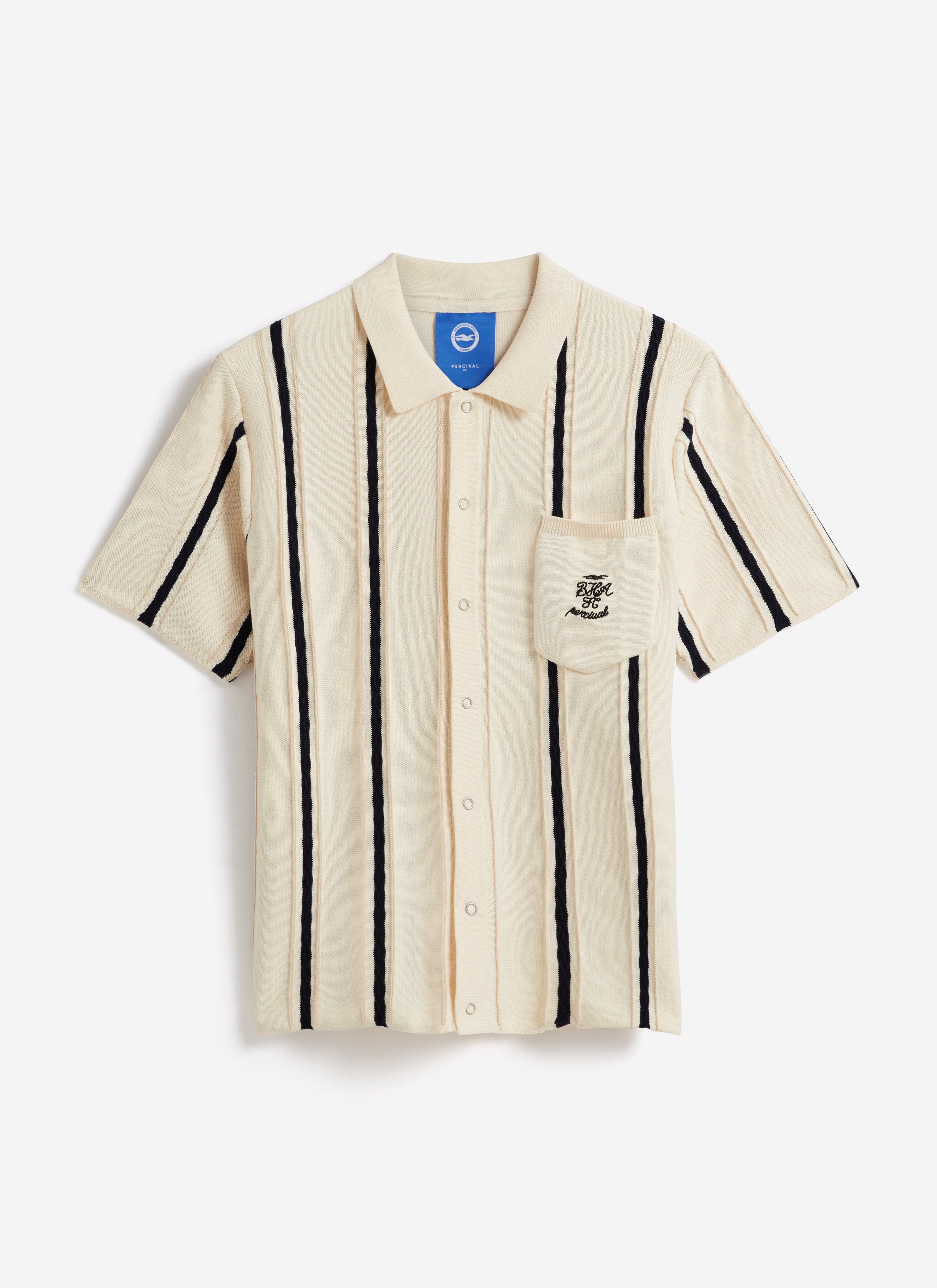 Flat lay of the Percival x Brighton & Hove Albion F.C. Cable Stripe Knitted Shirt in white with navy stripes.