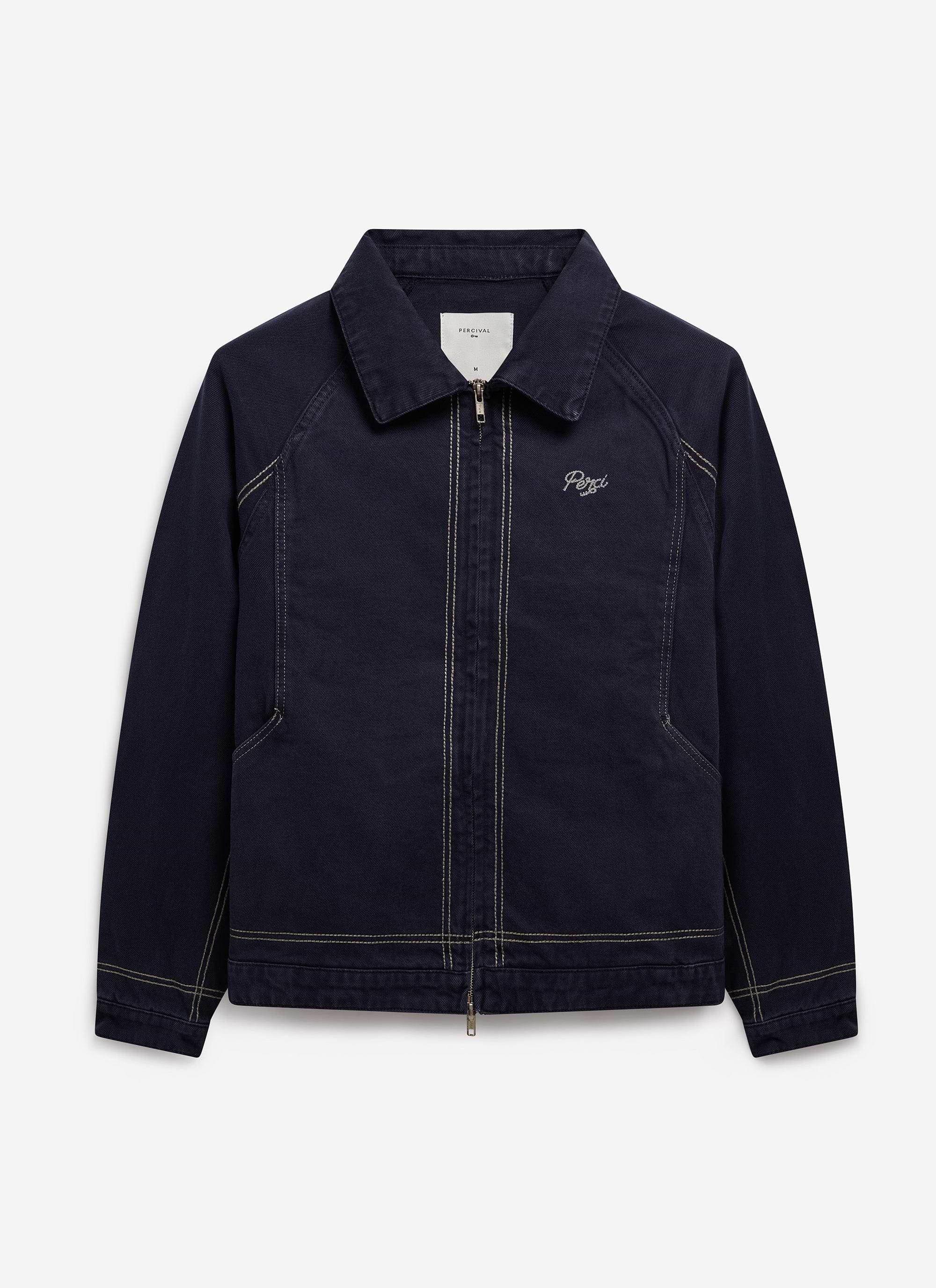 The Percival Calabria Harrington Jacket in navy cotton, laid flat showing the contrast twin-needle stitching and zip front.