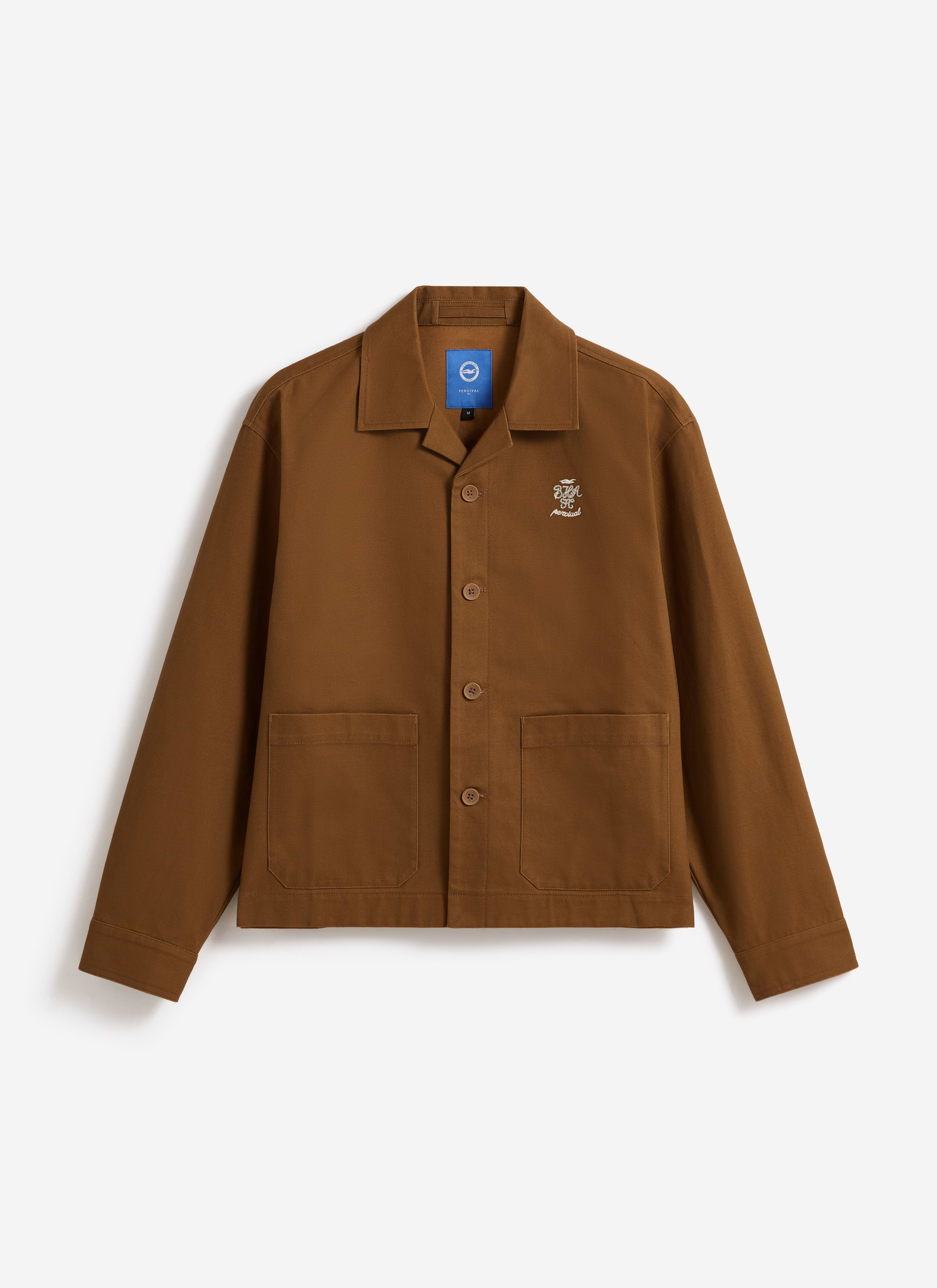 The Percival x Brighton & Hove Albion F.C. Cotton Canvas Workshirt in brown, showing front pockets and chest embroidery.