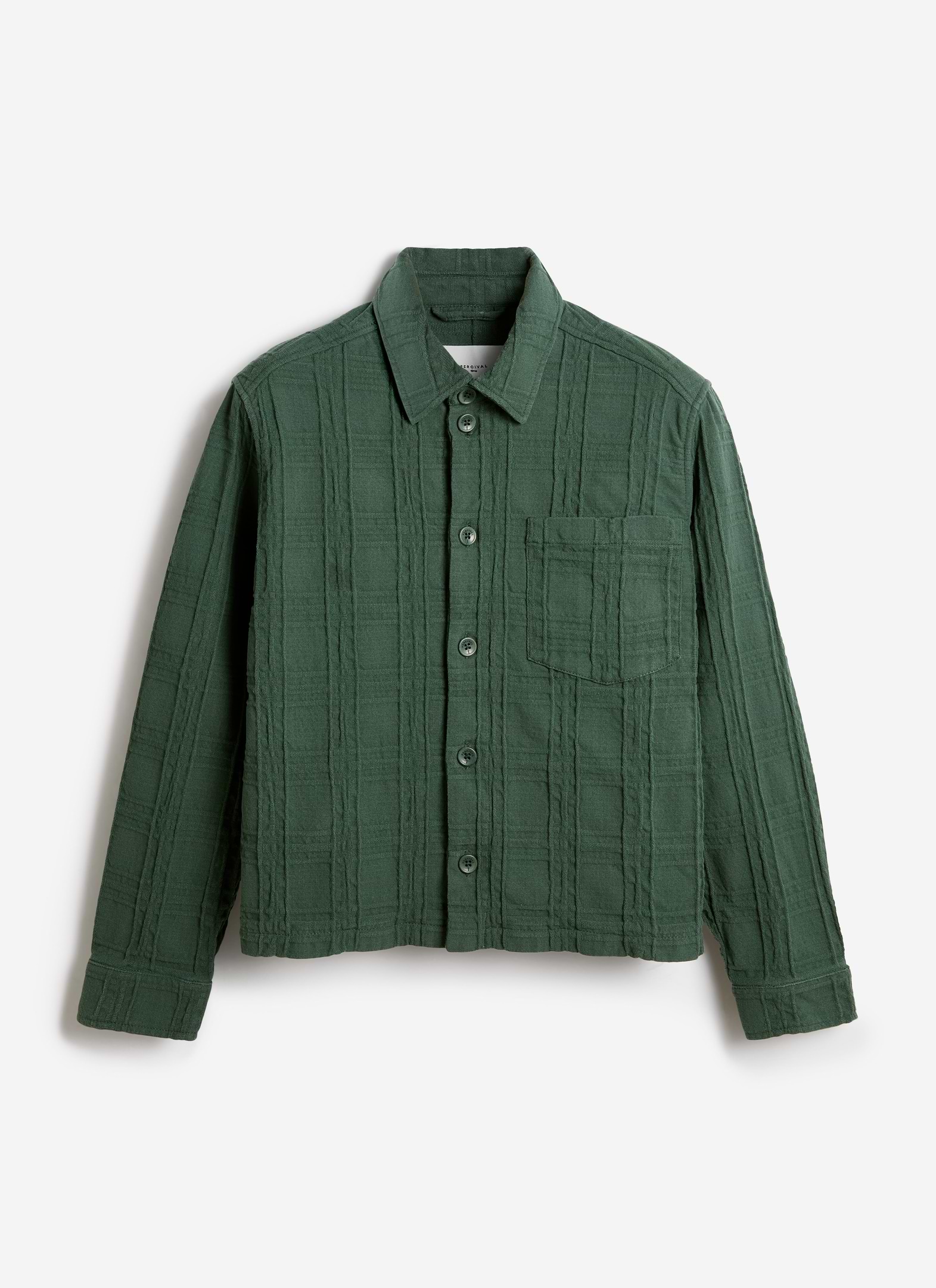 Forest green Percival Canyon Heavyweight Overshirt in textured cotton with a check pattern and chest pocket.