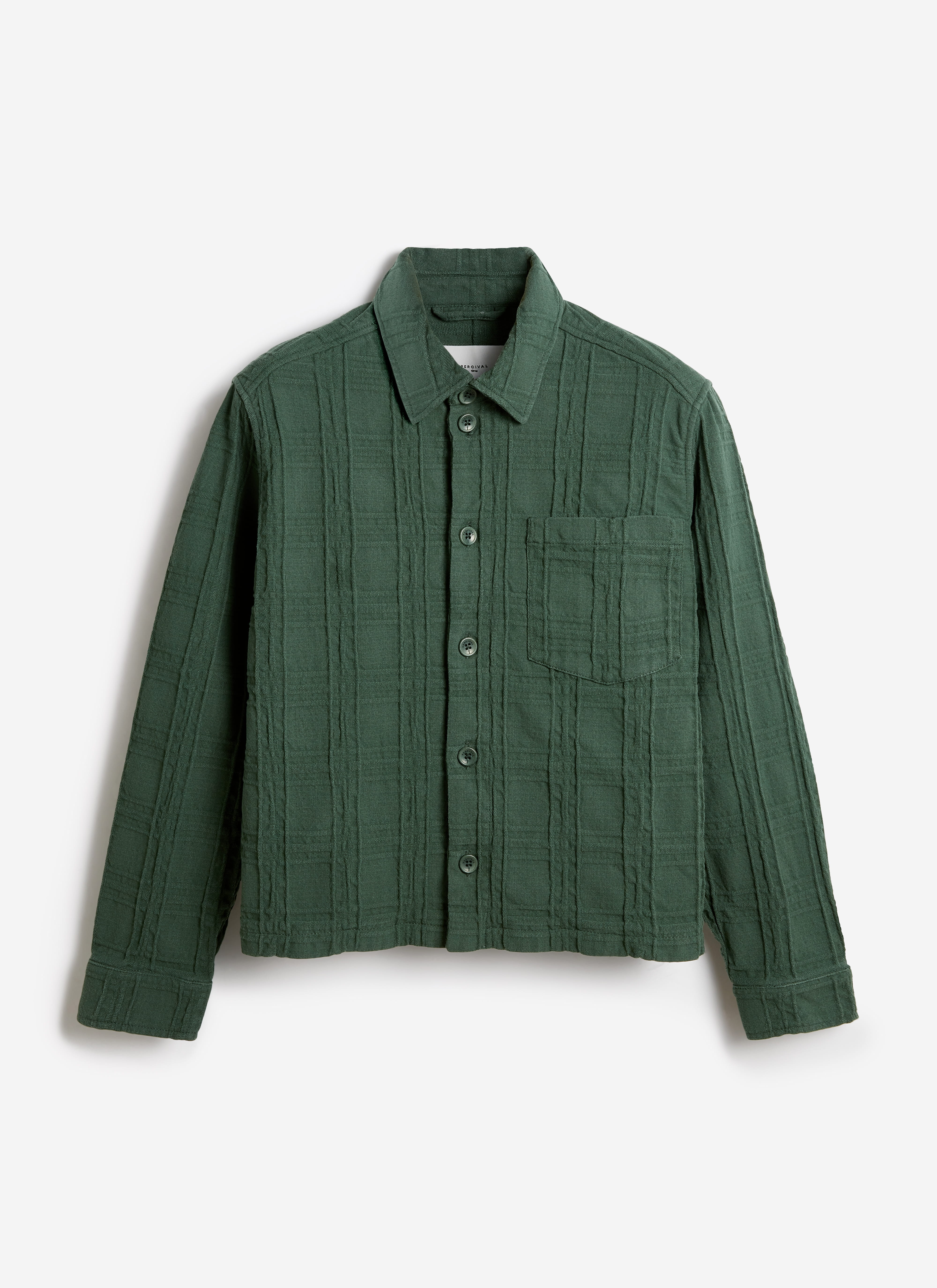 Forest green Percival Canyon Heavyweight Overshirt in textured cotton with a check pattern and chest pocket.