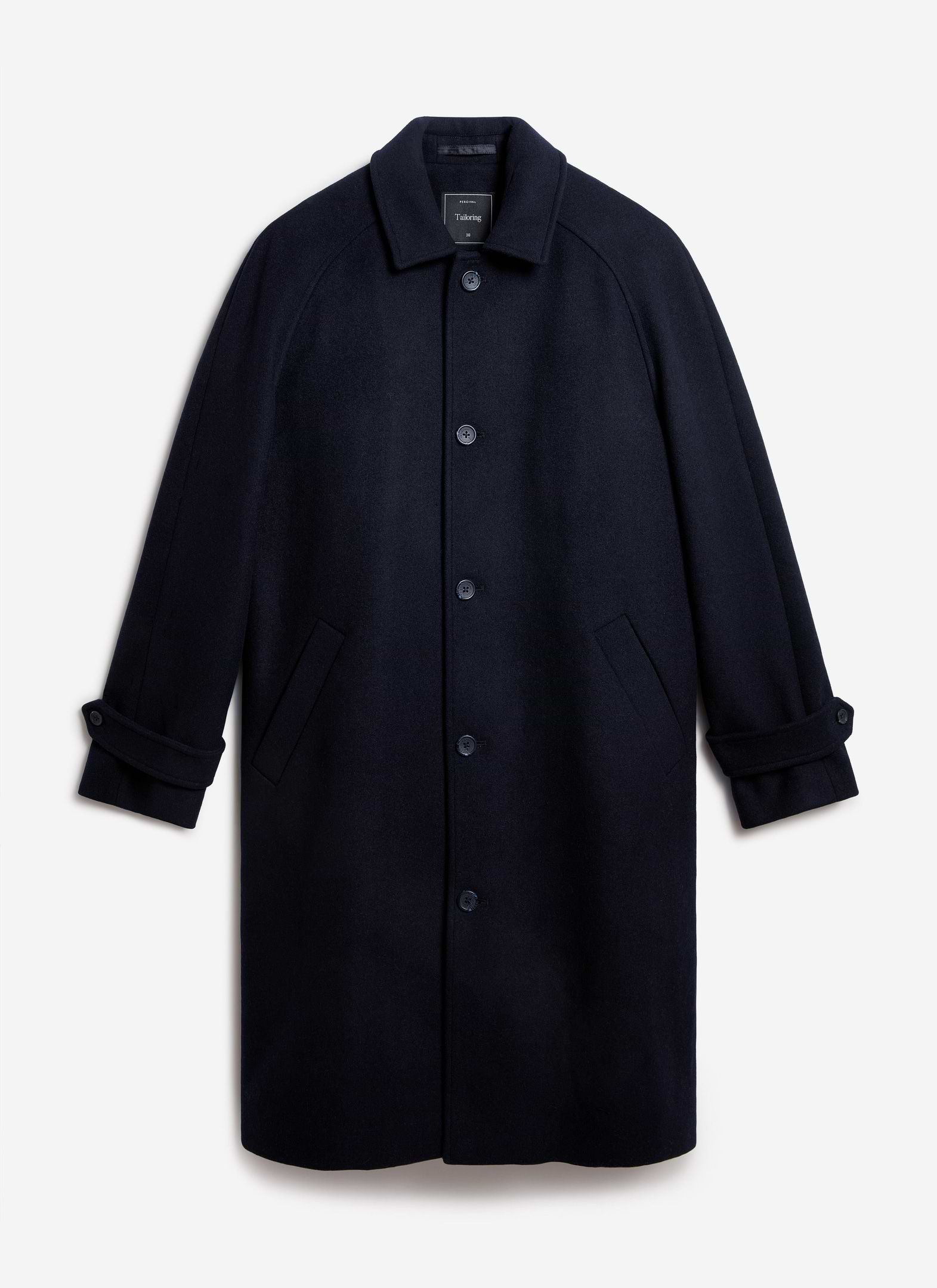 The Percival Wool Car Coat in navy, shot flat against a white background to showcase its classic silhouette.