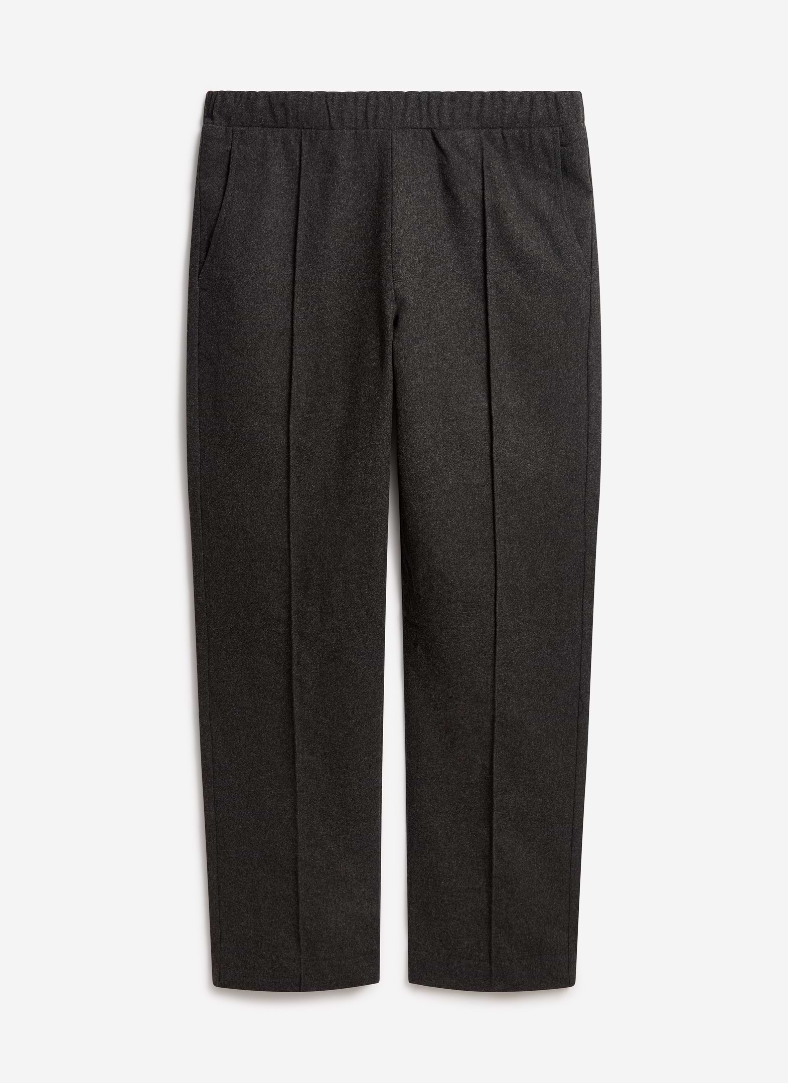 The Percival Caxton Smart Trousers in black brushed wool, laid flat against a simple white background.