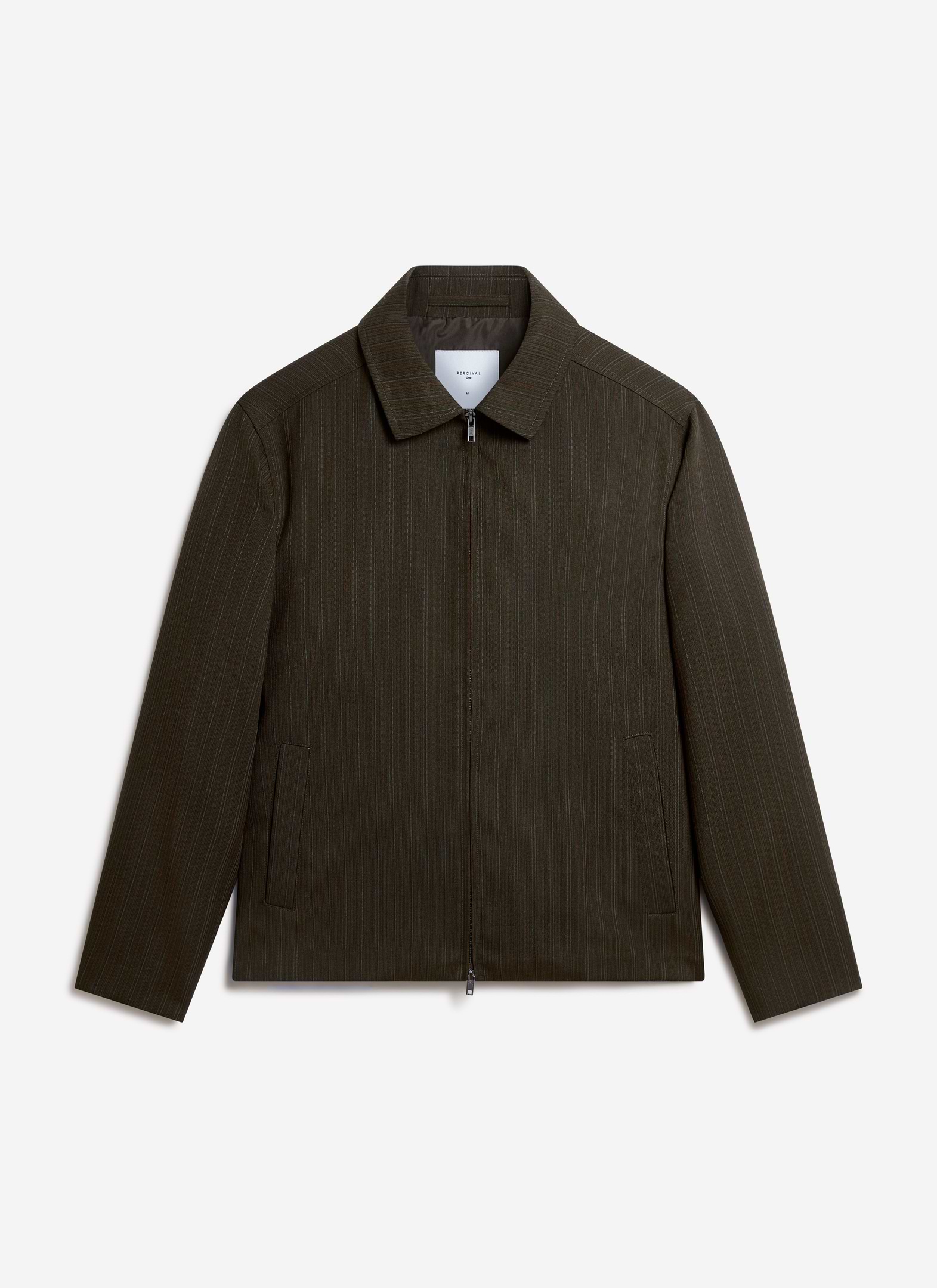 The Percival Chapter Zip Up Jacket in forest green with a subtle pinstripe design, shot flat against a white background.