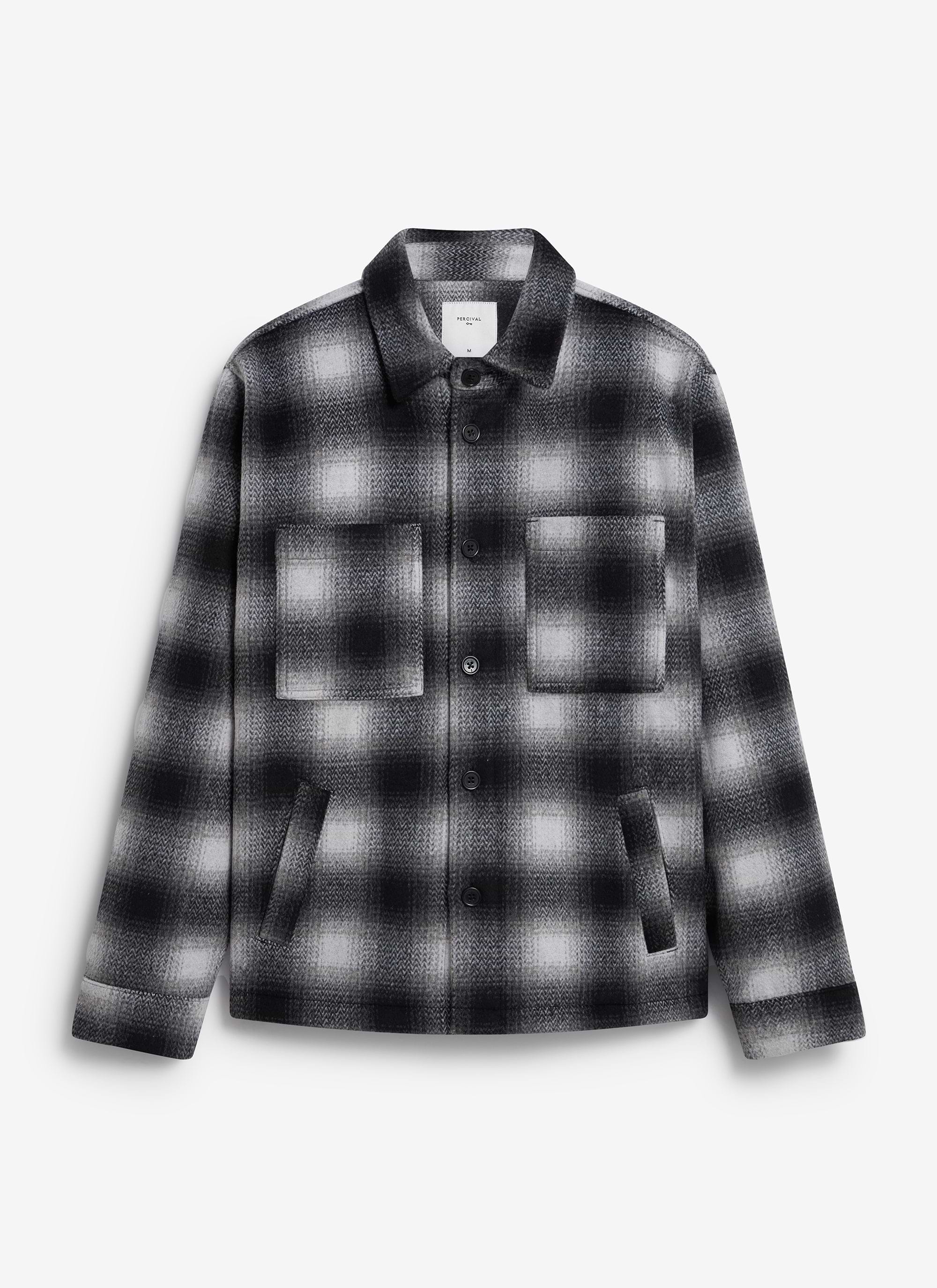The Percival Check Overshirt in a grey and black brushed wool blend, laid flat against a plain white background.