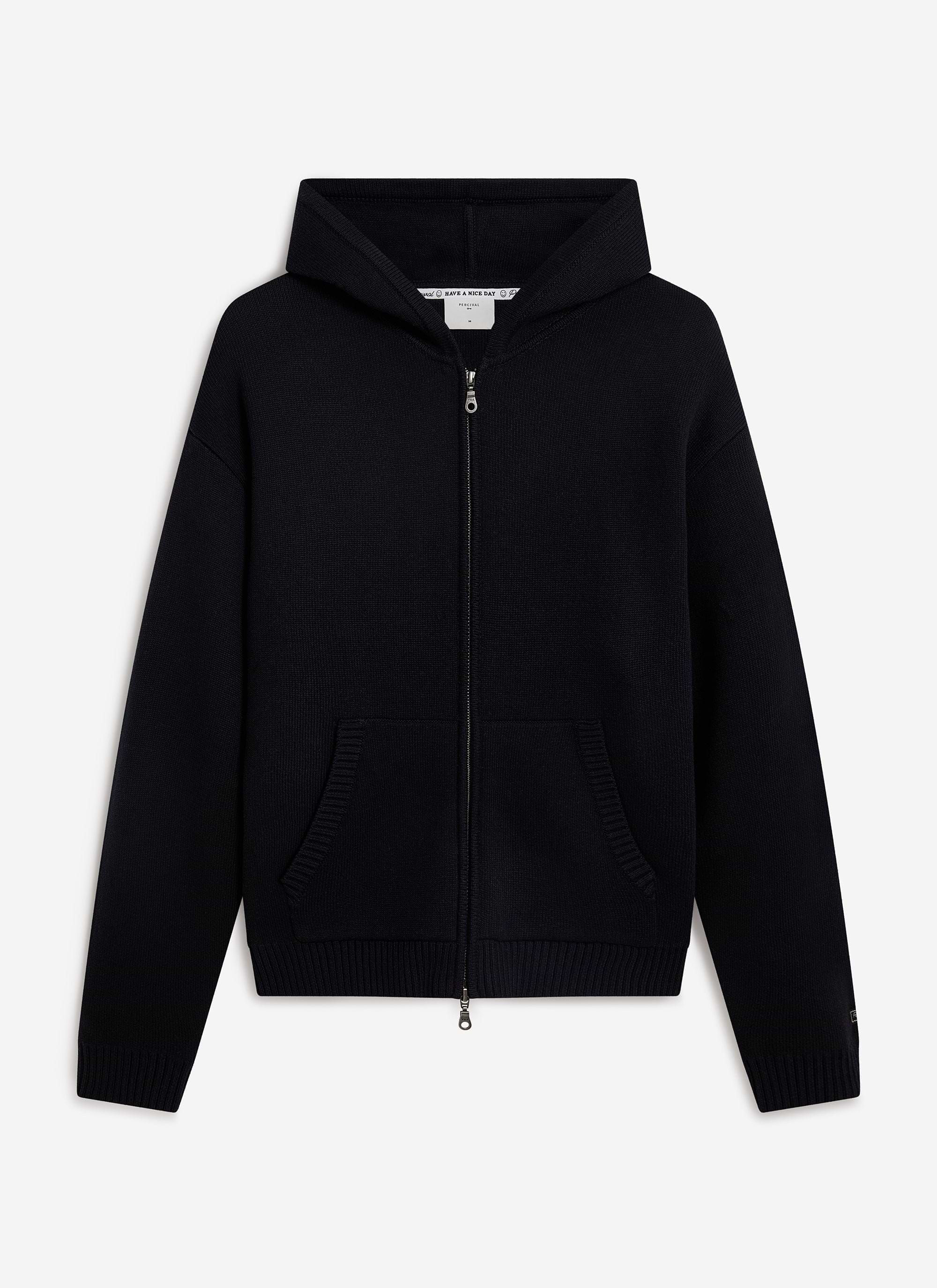 The black cotton Chronicle Knitted Hoodie from Percival, a zip-up knit with a drawstring hood and kangaroo pockets.