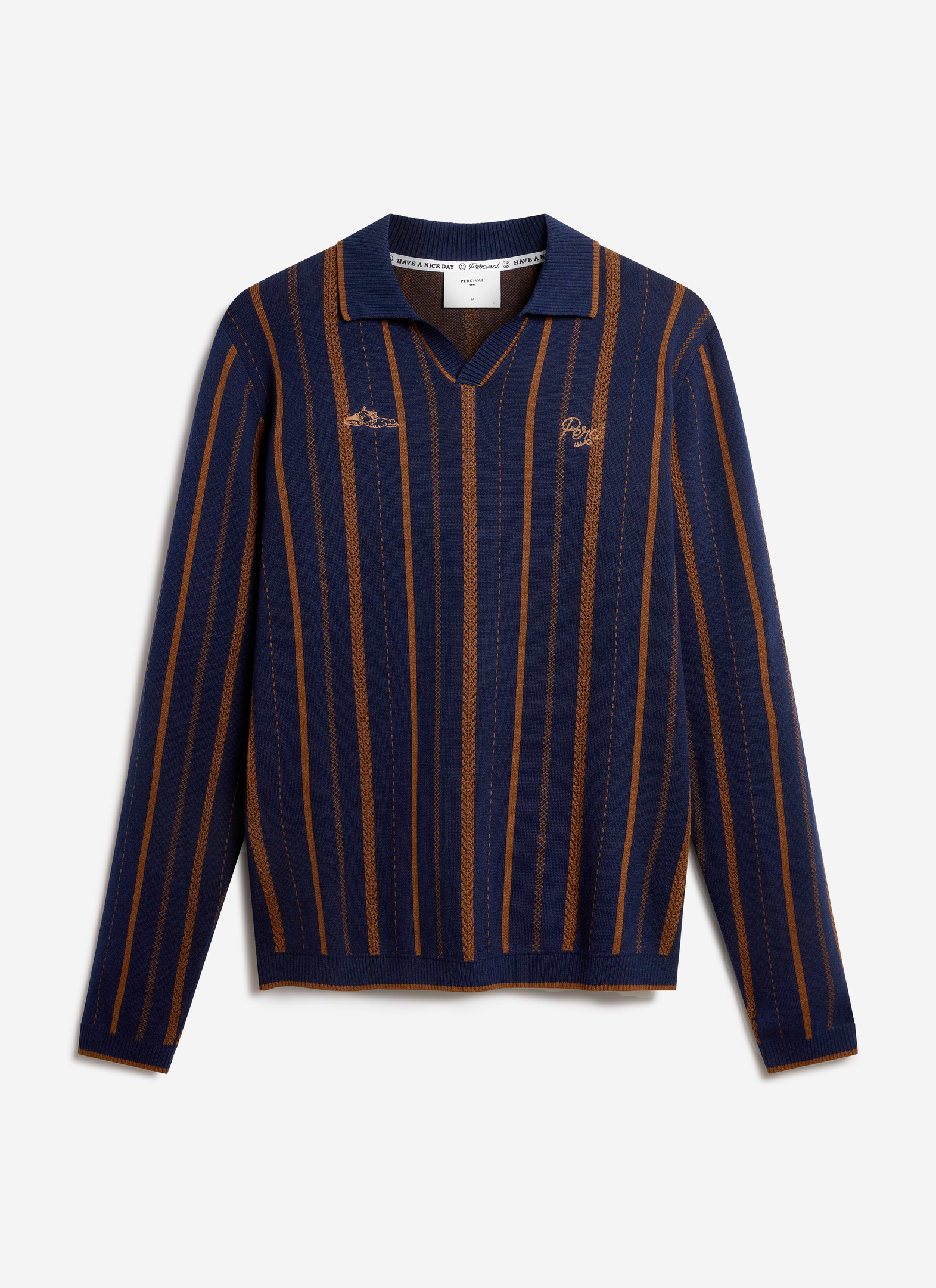 The Percival Citation Knitted Football Shirt in navy cotton, detailed with vertical brown stripes and chest embroidery.