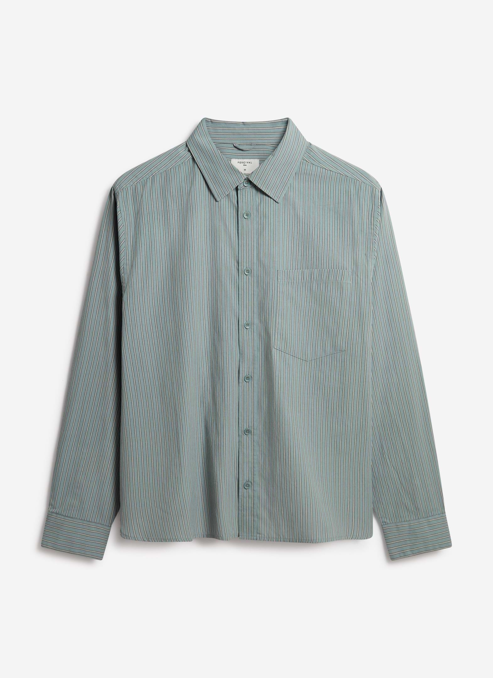 Percival Clancy Striped Long Sleeve Shirt in blue, a cotton blend with a chest pocket, shot flat against a white background.