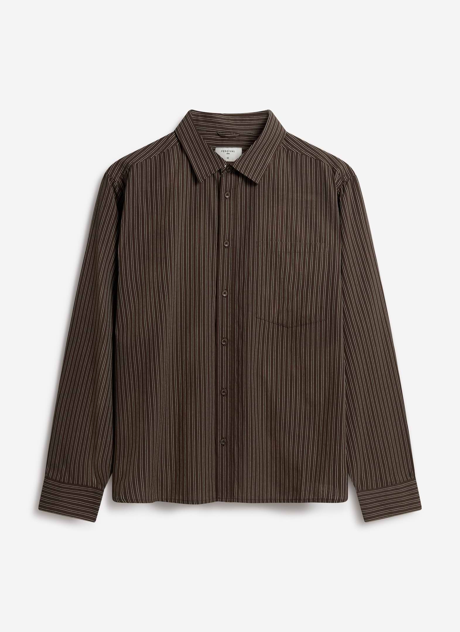 The Percival Clancy long-sleeve shirt in brown cotton with vertical stripes, shot flat against a white background.